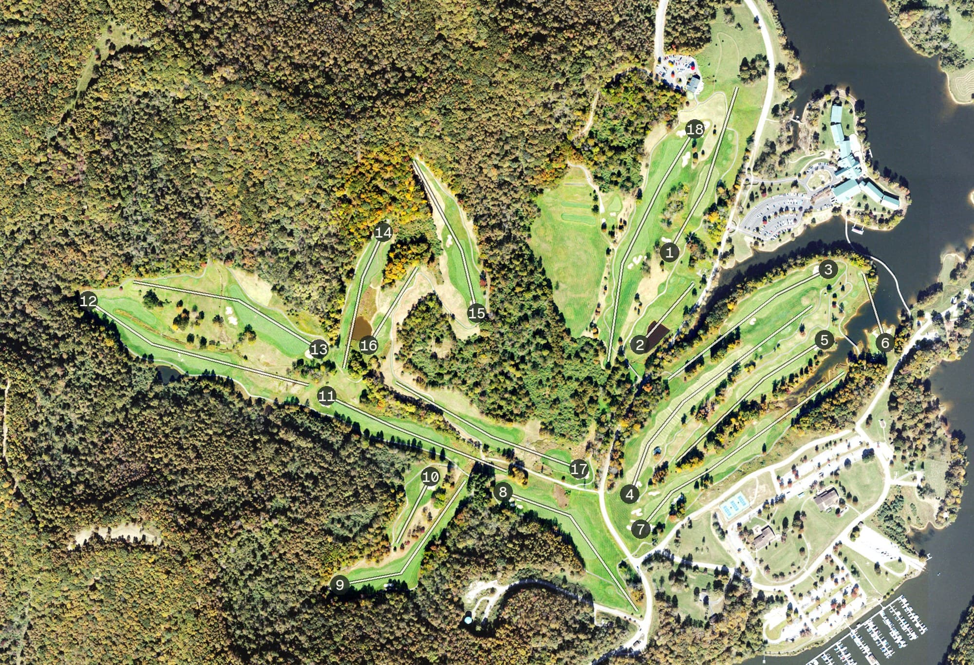 Aerial view of The Arnold Palmer Signature Golf Course at Stonewall Resort, WV, with its hole routing marked