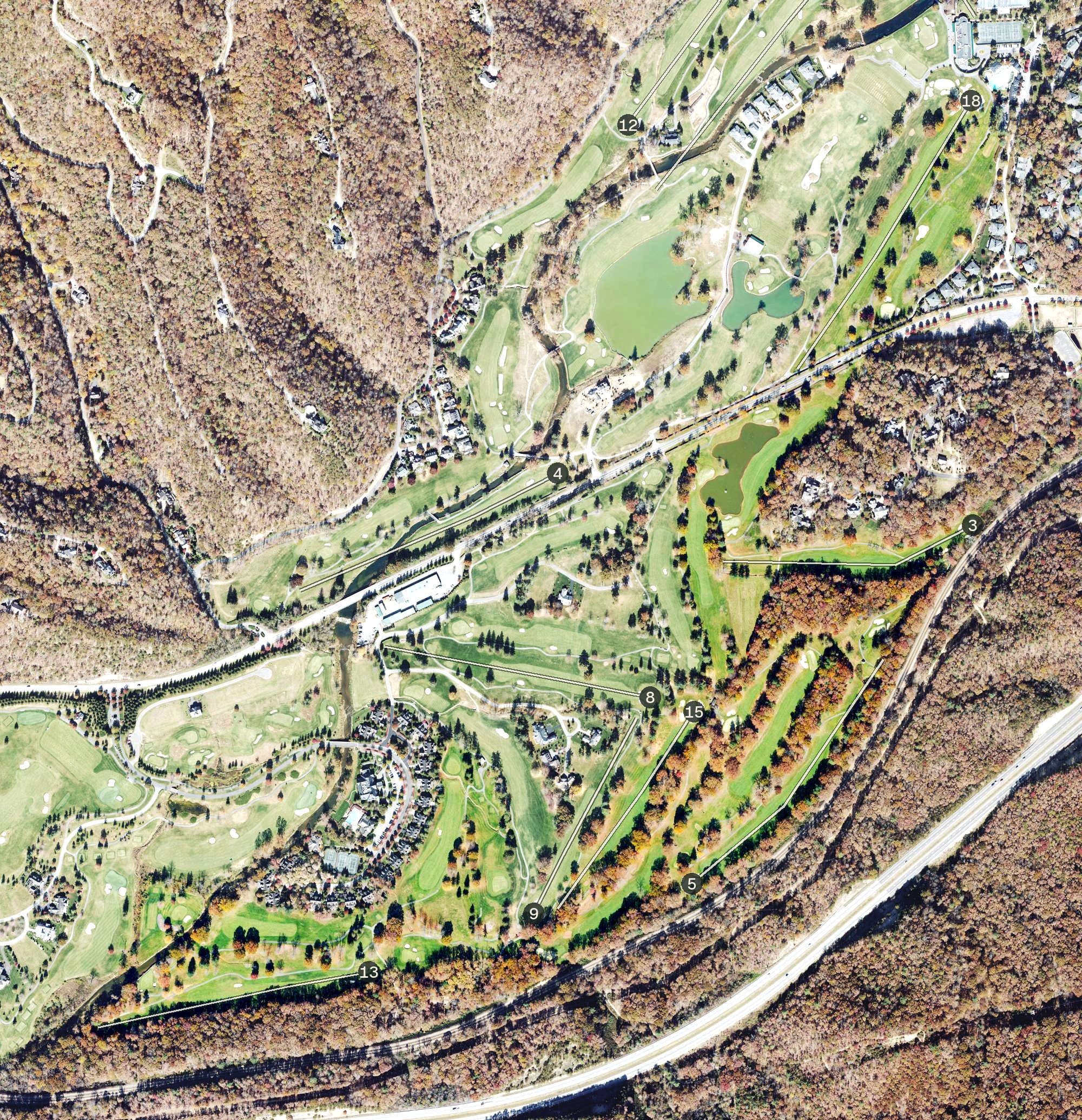 Aerial view of The Greenbrier - Greenbrier Course, WV, with its hole routing marked