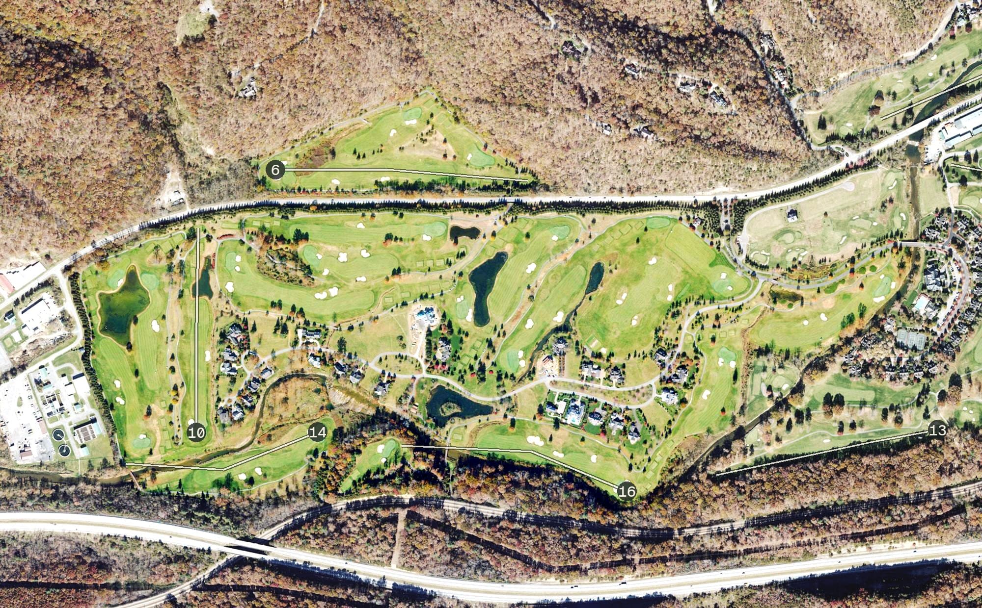 Aerial view of The Greenbrier Sporting Club - The Snead, WV, with its hole routing marked