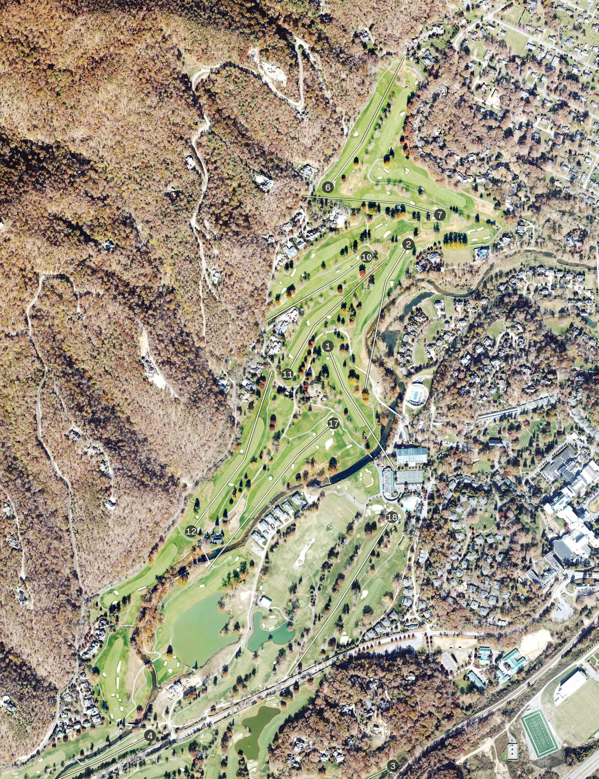 Aerial view of The Greenbrier - The Old White TPC, WV, with its hole routing marked