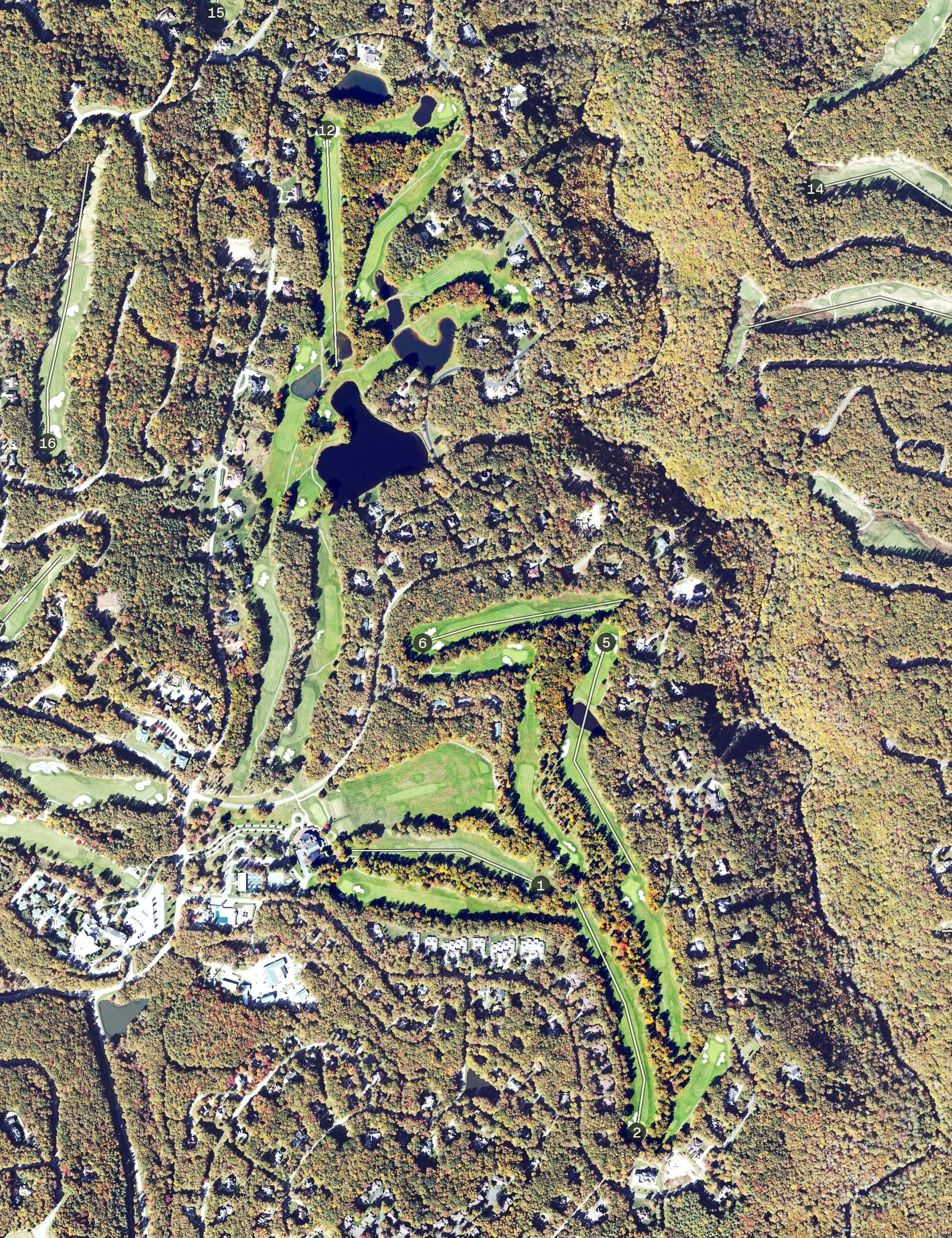 Aerial view of The Resort at Glade Springs Cobb Course, WV, with its hole routing marked
