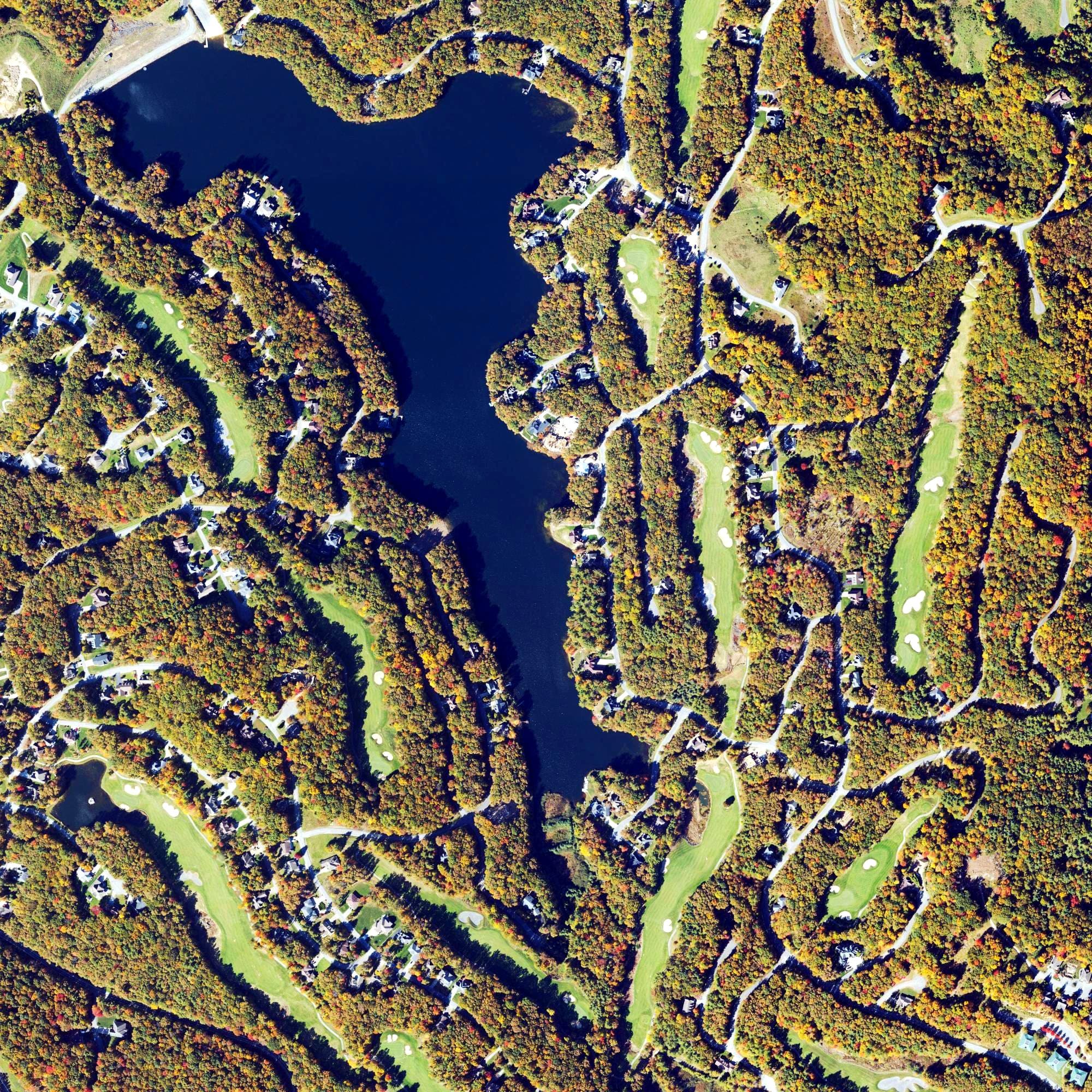 Aerial view of The Resort At Glade Springs Stonehaven Course, WV, with its hole routing marked