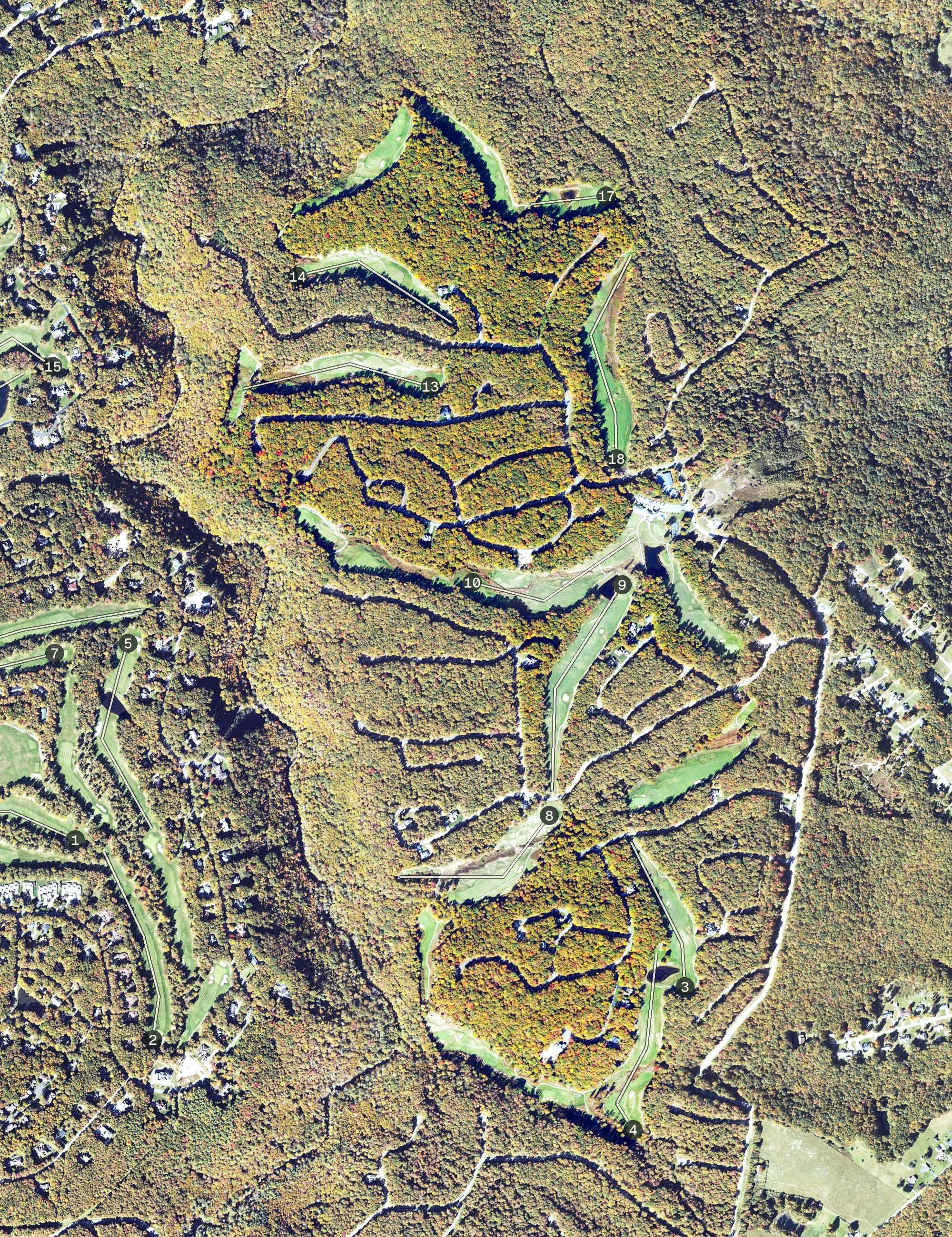 Aerial view of The Resort at Glade Springs Woodhaven Course, WV, with its hole routing marked