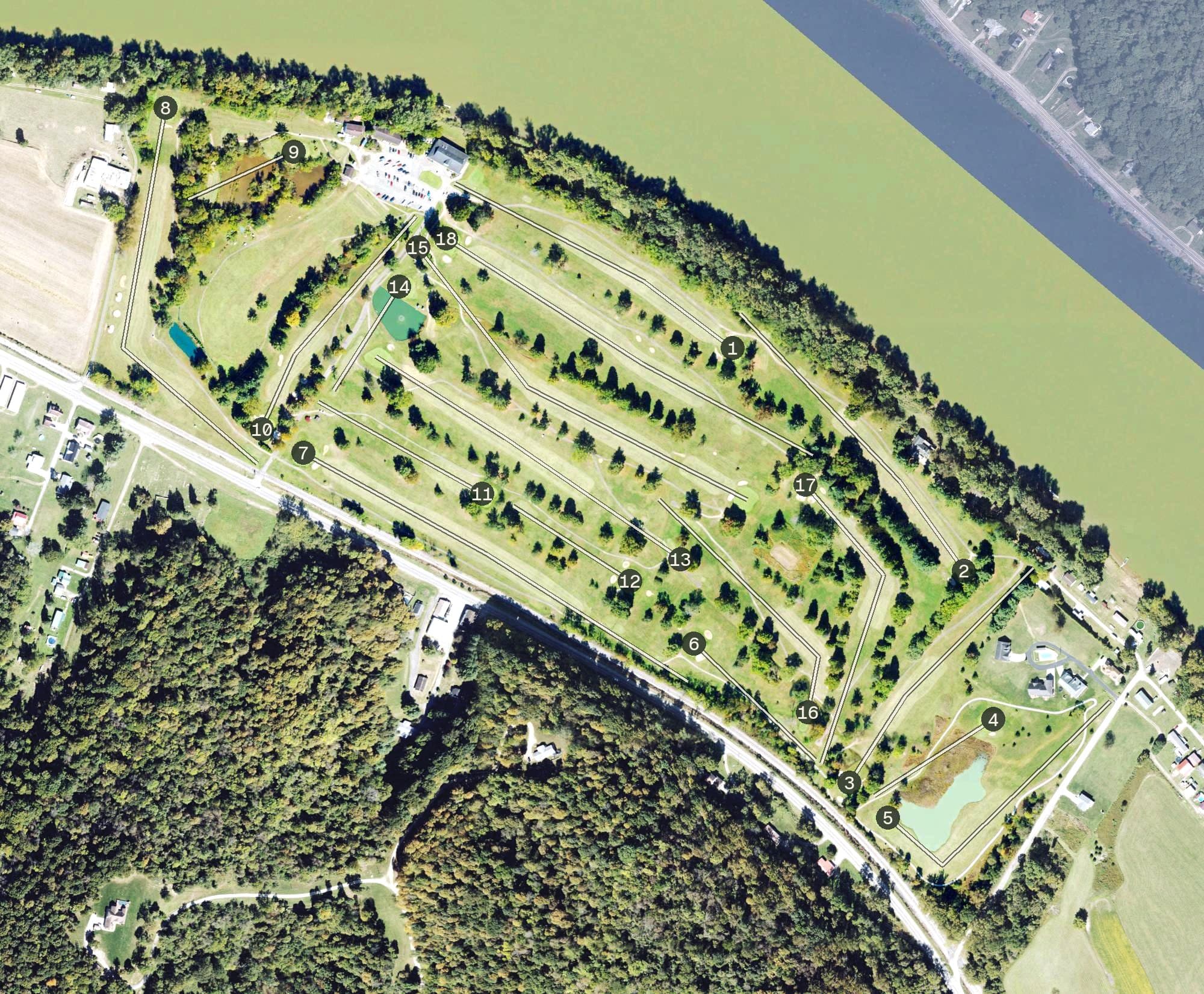 Aerial view of The Riverside Club of West Virginia, WV, with its hole routing marked