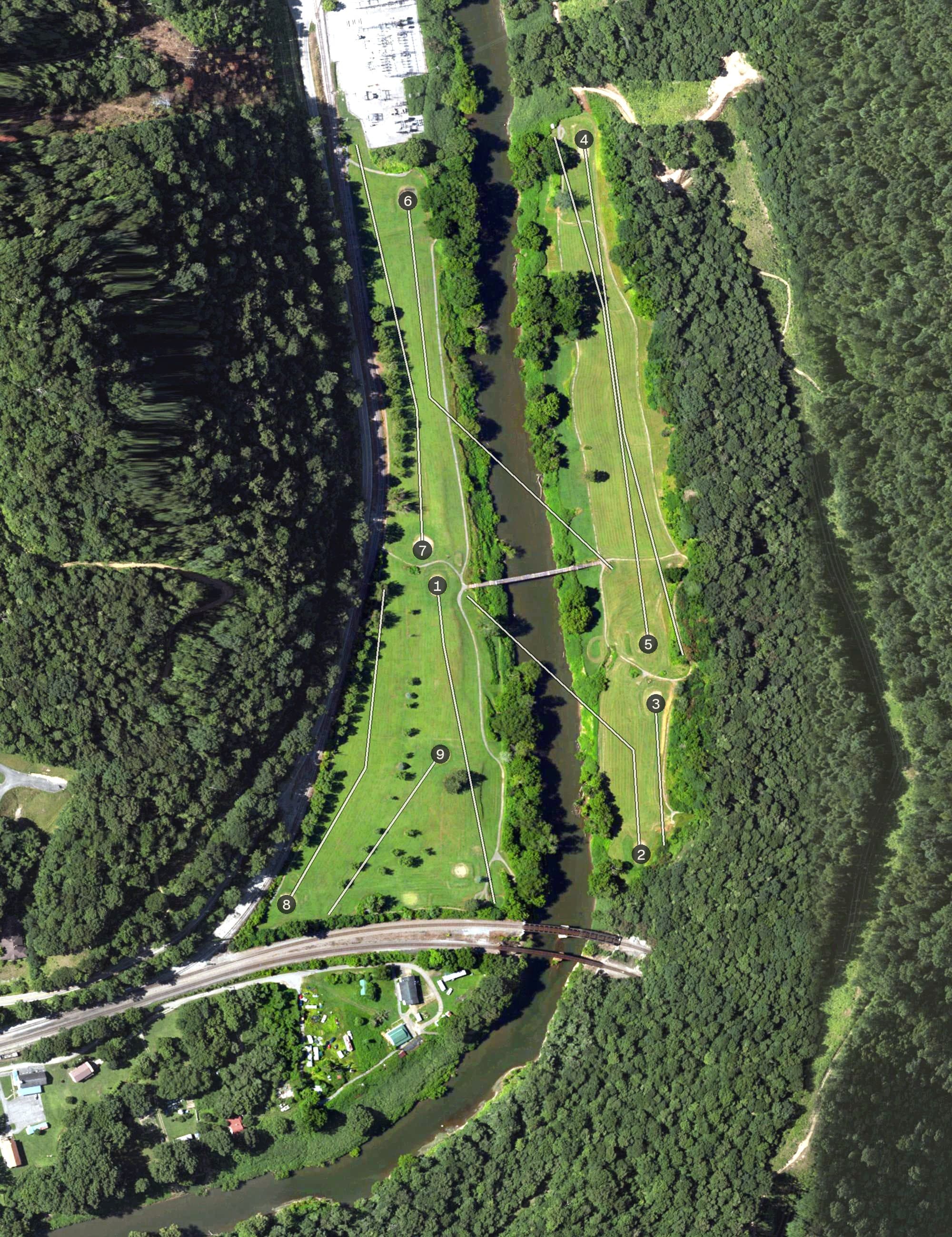 Aerial view of Tug Valley Country Club, WV, with its hole routing marked