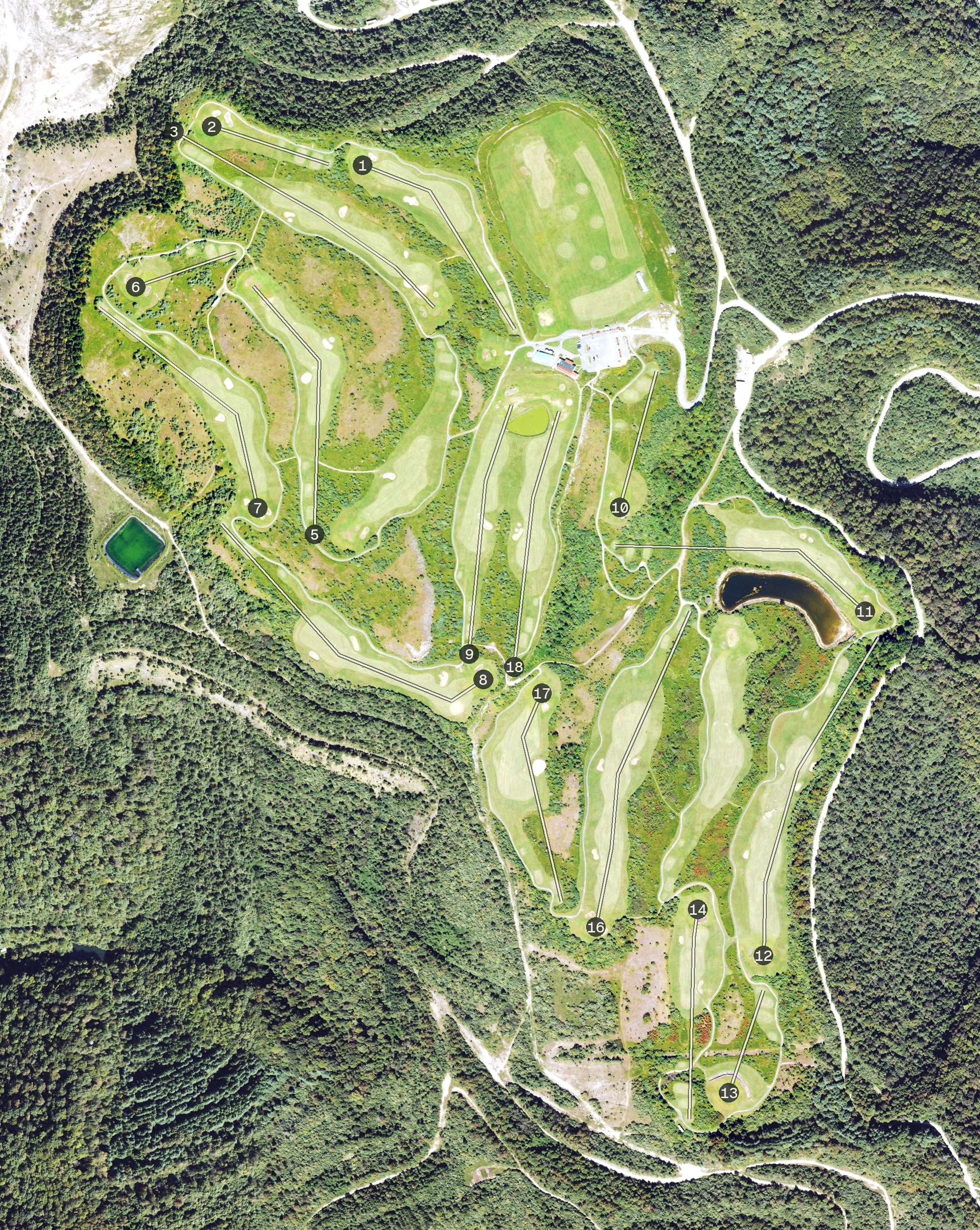 Aerial view of Twisted Gun Golf Club, WV, with its hole routing marked