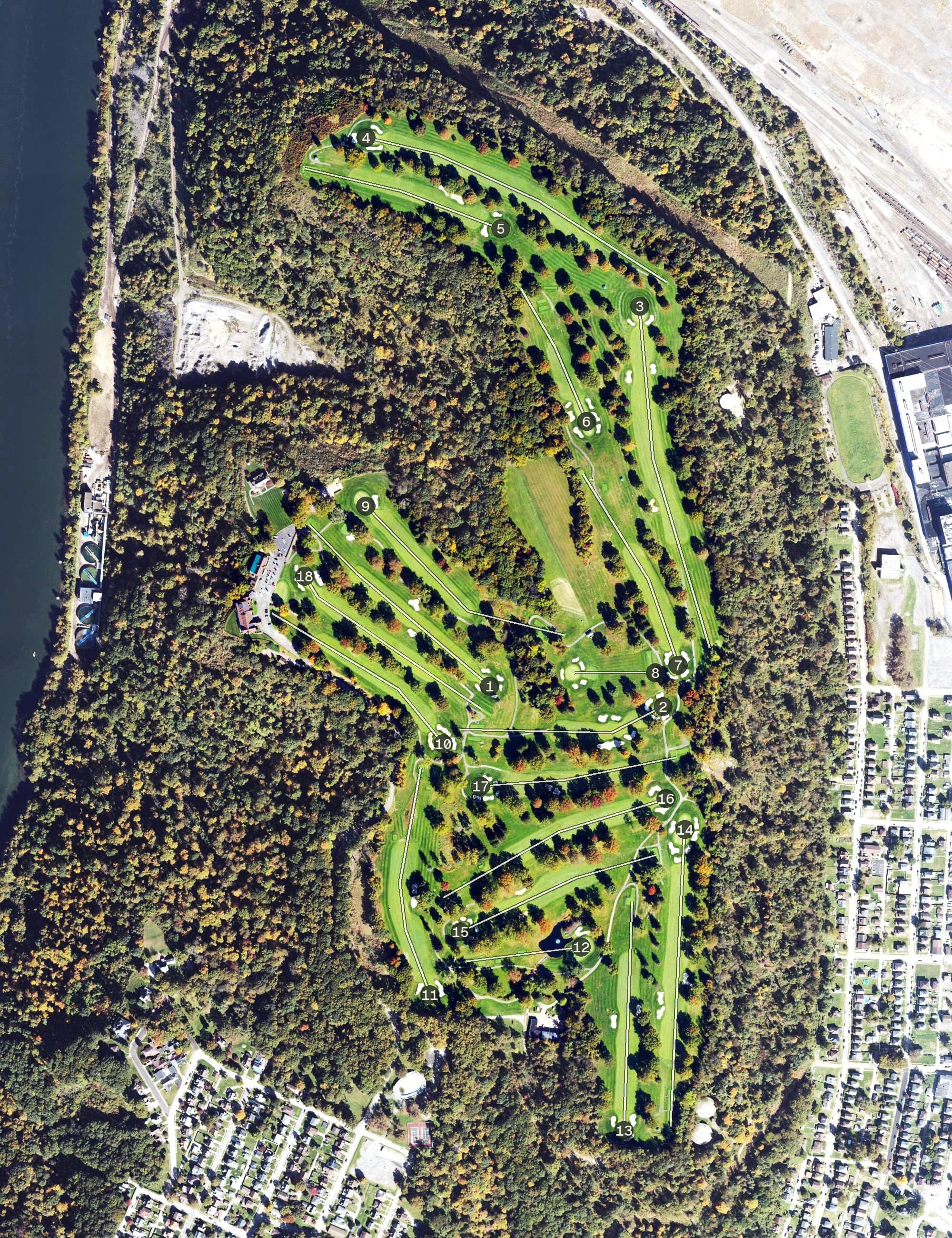 Aerial view of Williams Country Club Golf Course, WV, with its hole routing marked