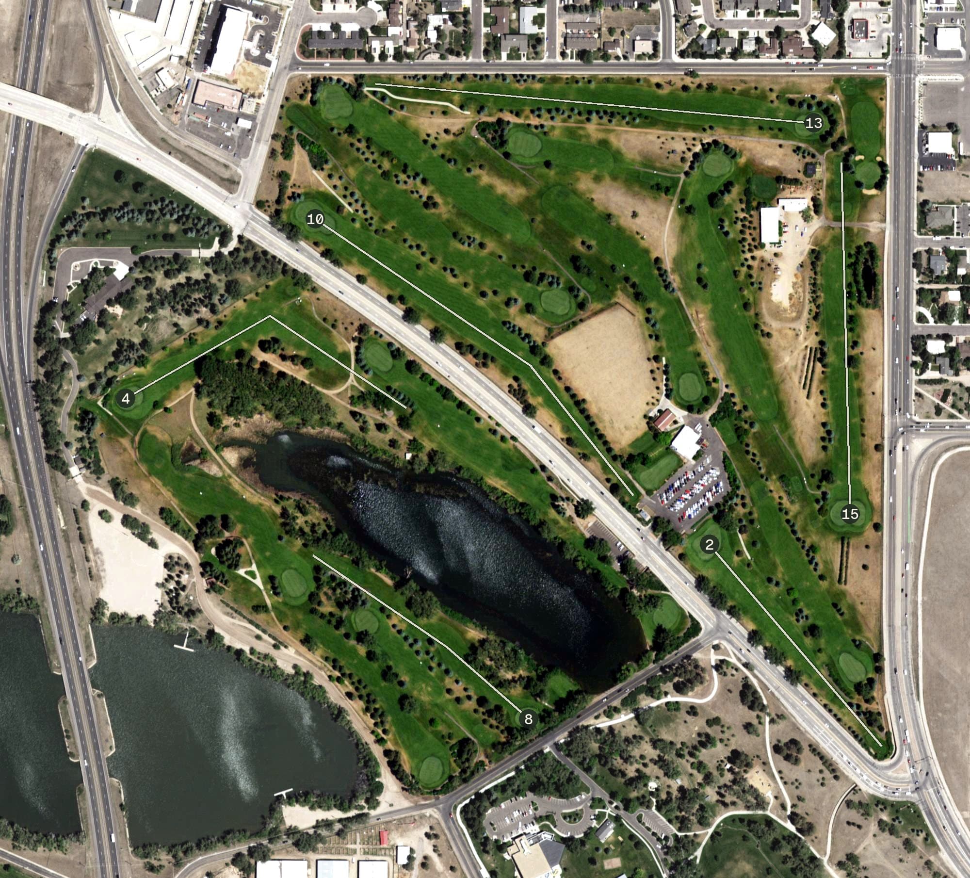 Aerial view of Airport Golf Club, WY, with its hole routing marked