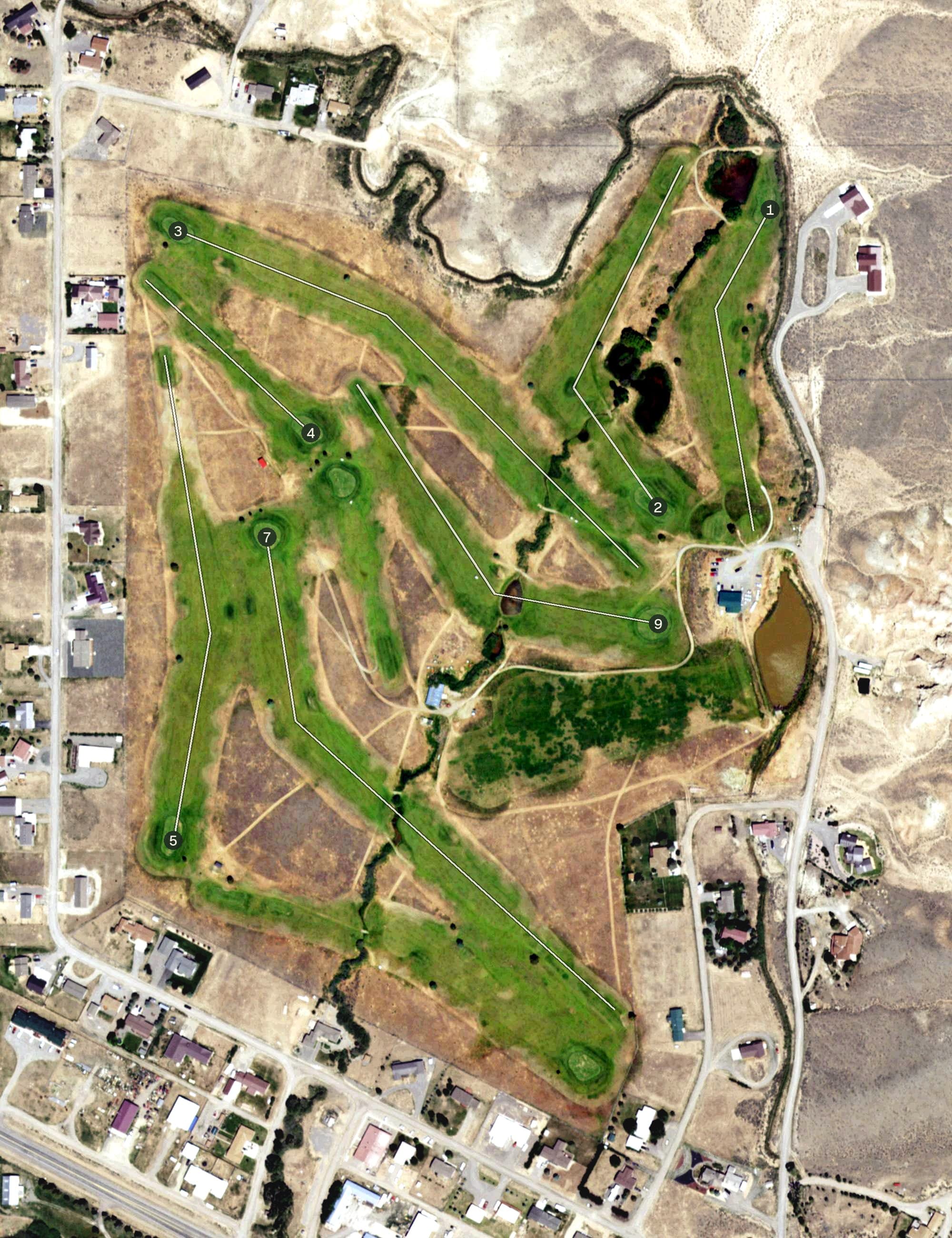Aerial view of Antelope Hills Golf Course, WY, with its hole routing marked