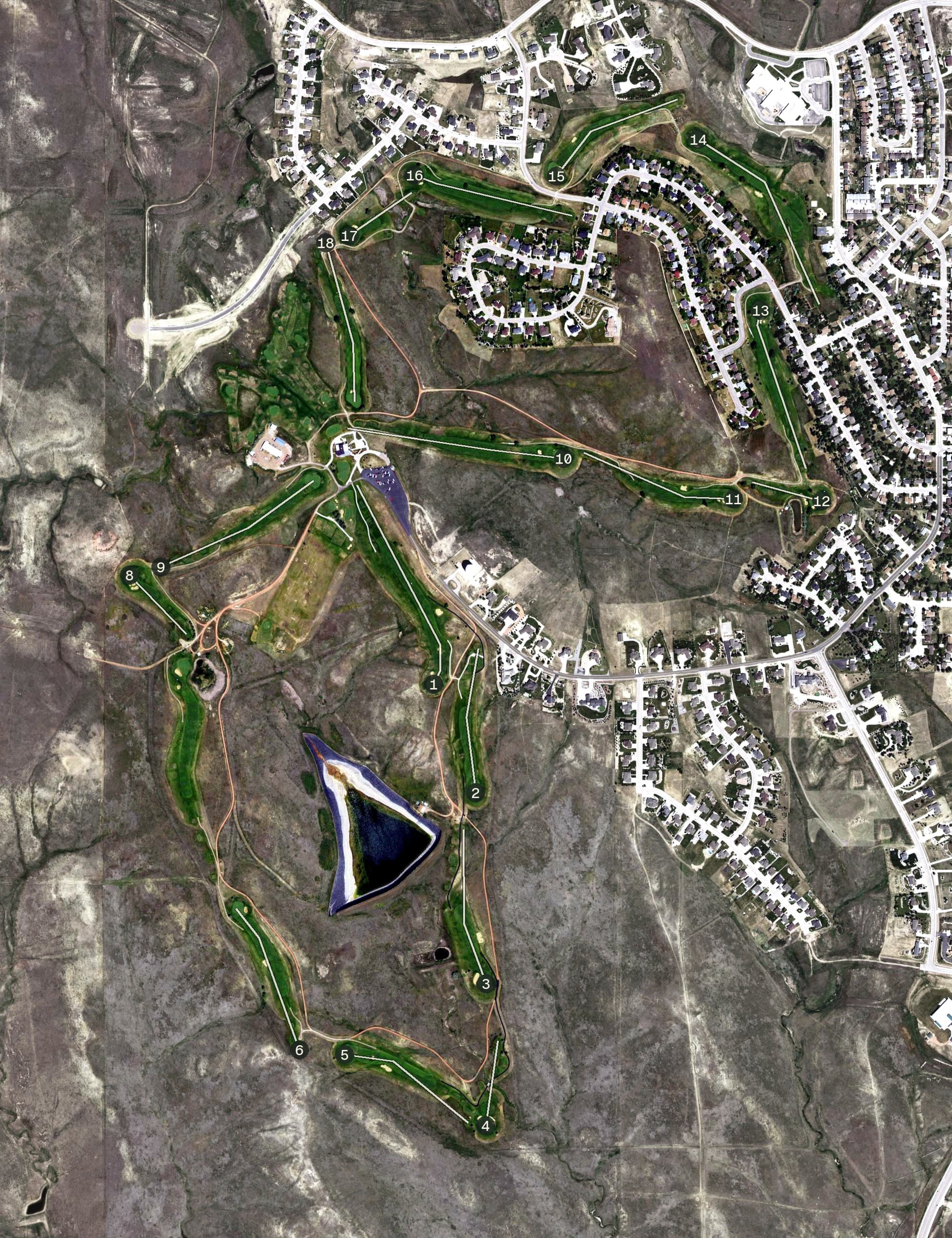 Aerial view of Bell Nob Golf Course, WY, with its hole routing marked
