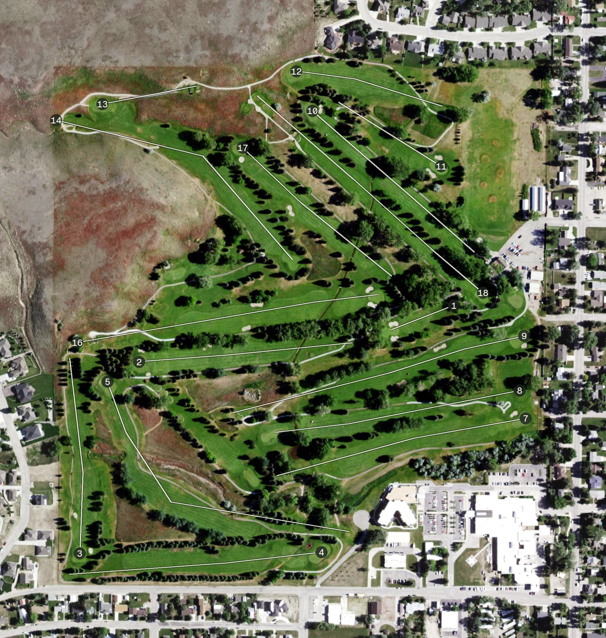 Aerial view of Buffalo Golf Club, WY, with its hole routing marked