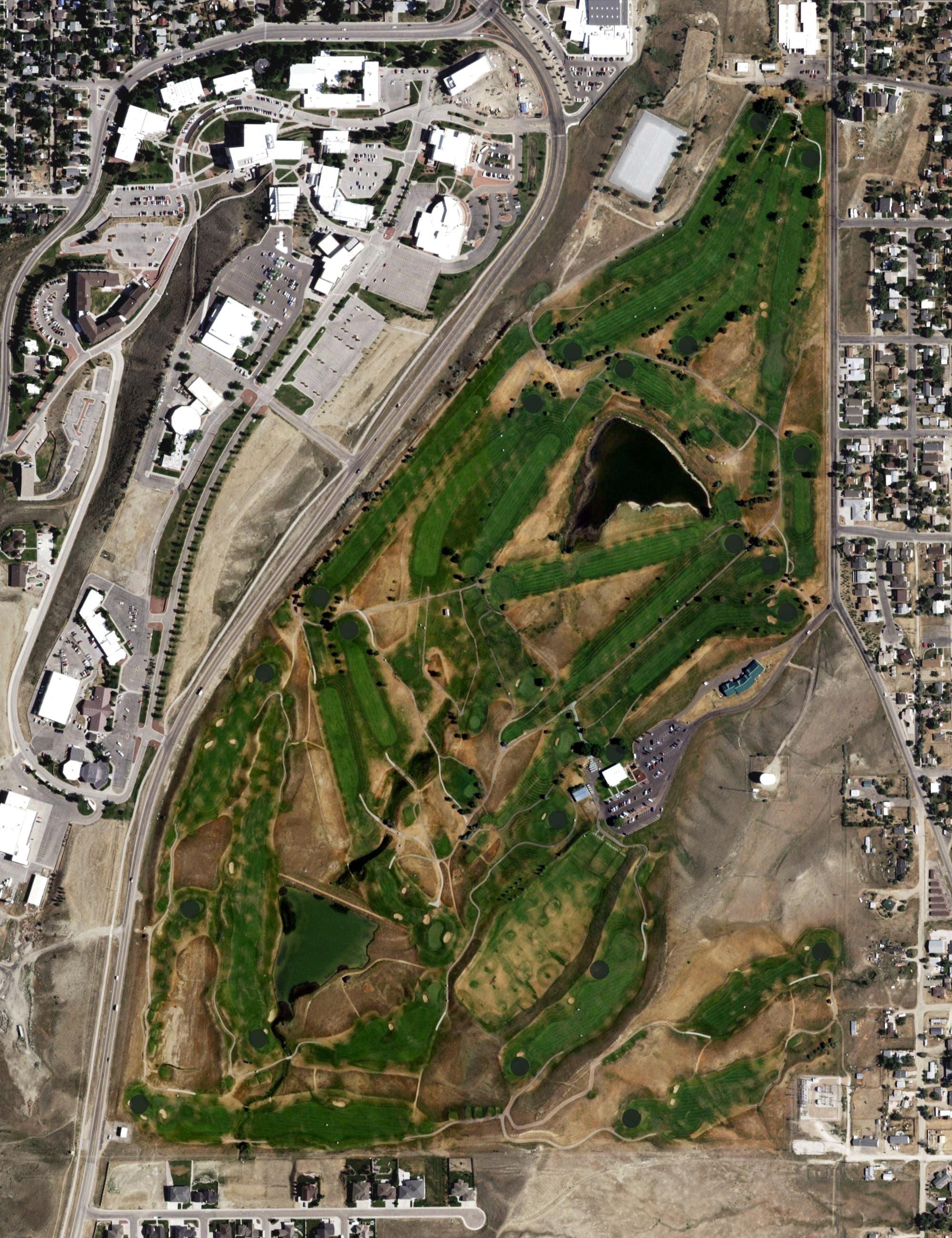 Aerial view of Casper Municipal Golf Course, WY, with its hole routing marked
