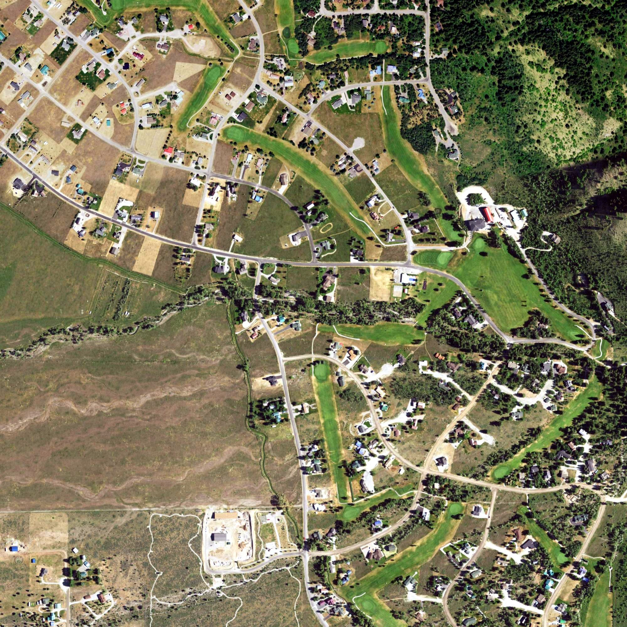 Aerial view of Cedar Creek Golf Course, WY, with its hole routing marked