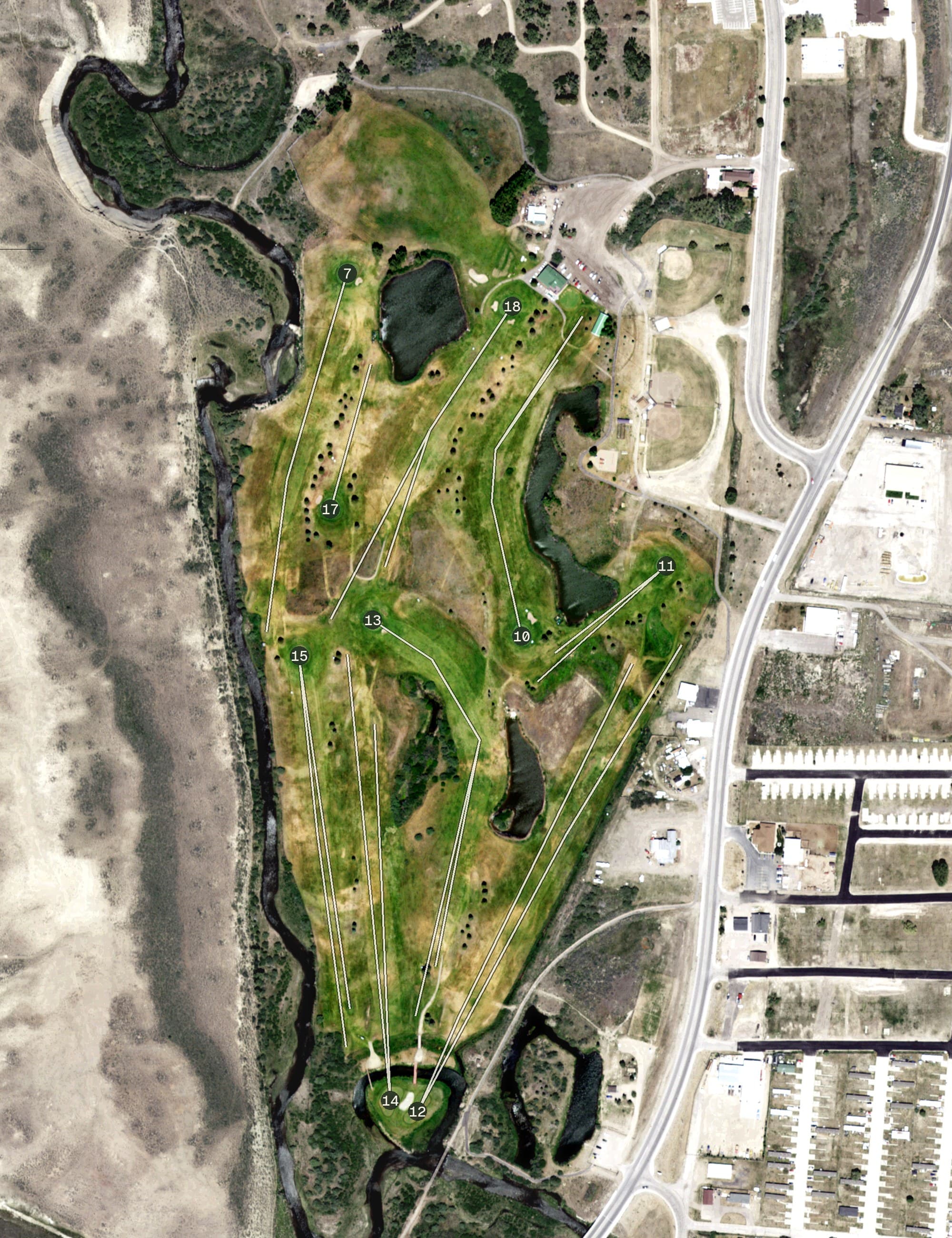 Aerial view of Fossil Island Golf Club, WY, with its hole routing marked