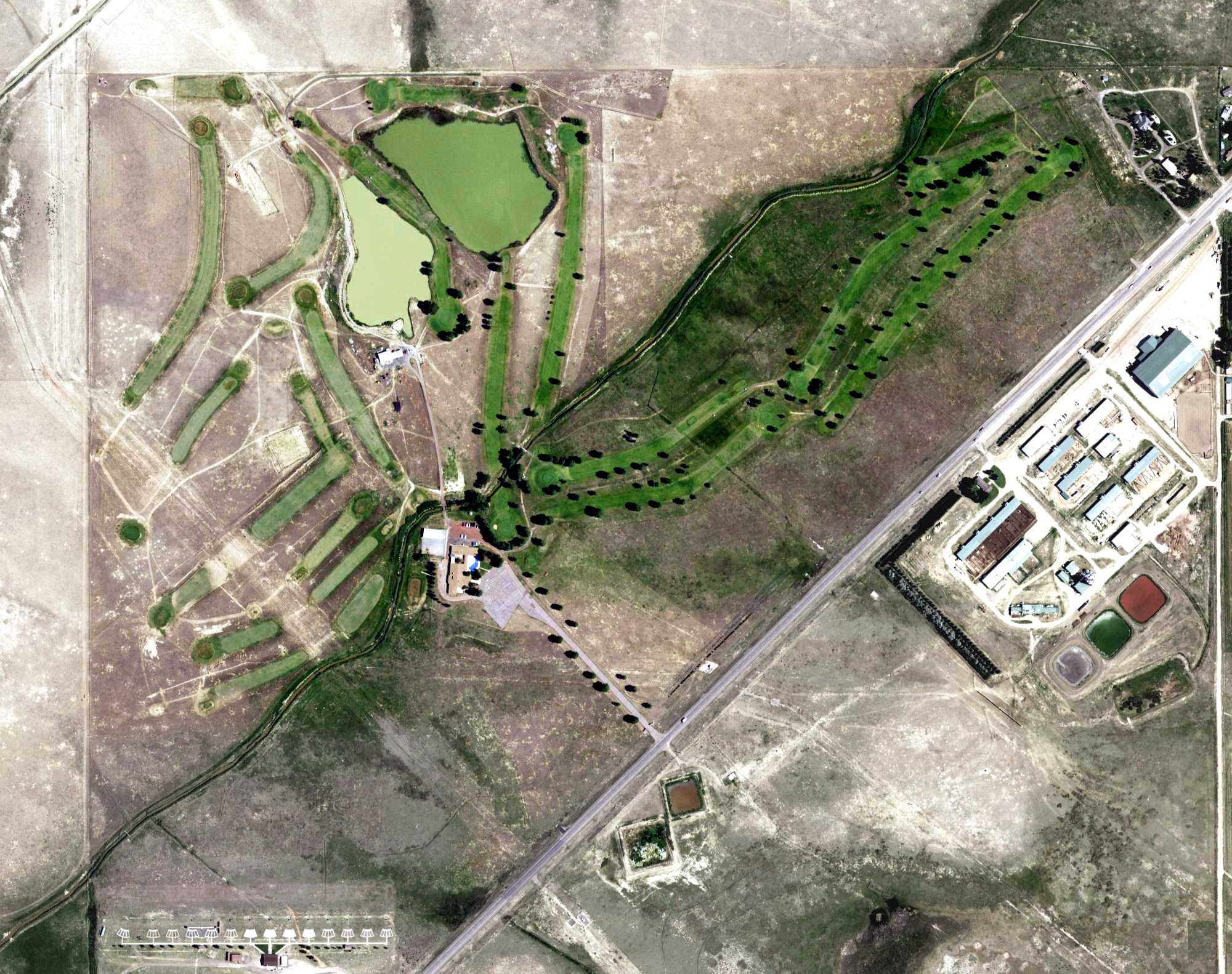 Aerial view of Fox Run Golf Course, WY, with its hole routing marked