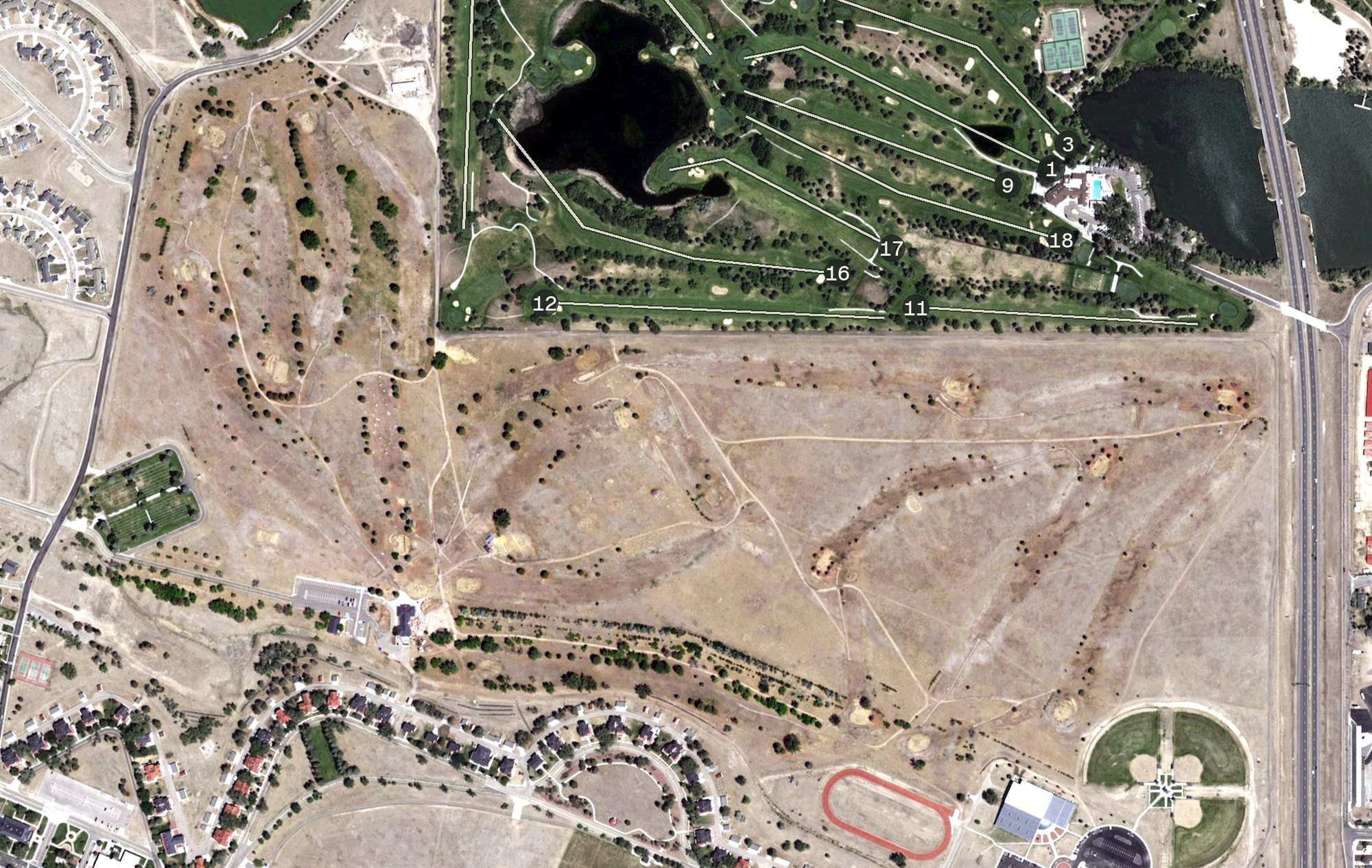Aerial view of Francis E. Warren Air Force Base Golf Course, WY, with its hole routing marked
