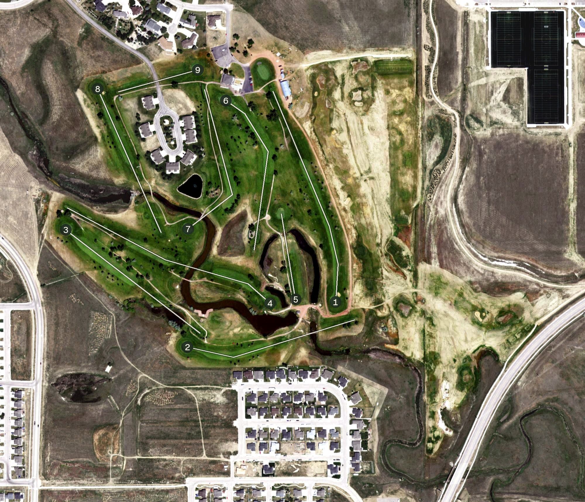 Aerial view of Gillette Golf Club, WY, with its hole routing marked