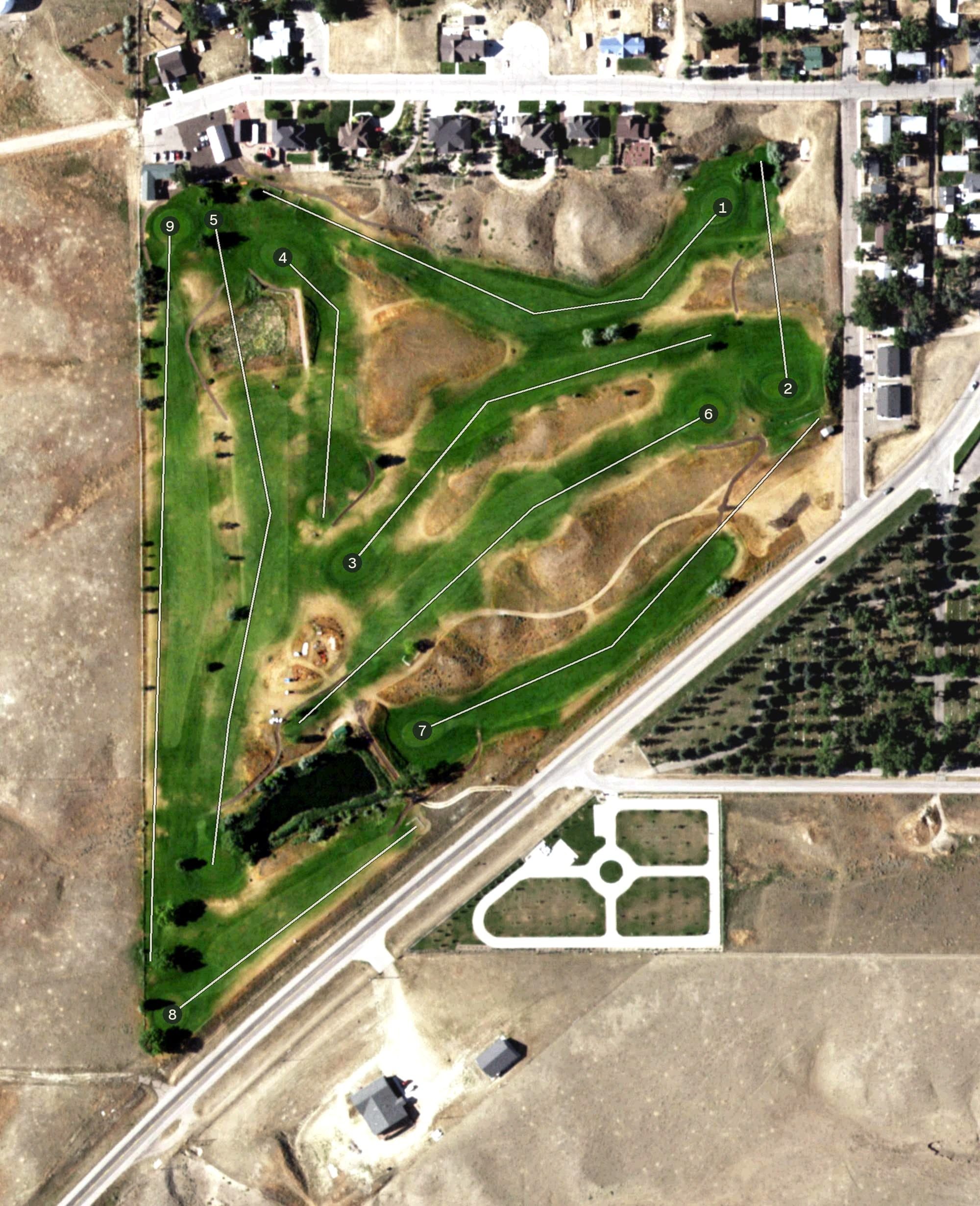 Aerial view of Glenrock Golf Club, WY, with its hole routing marked