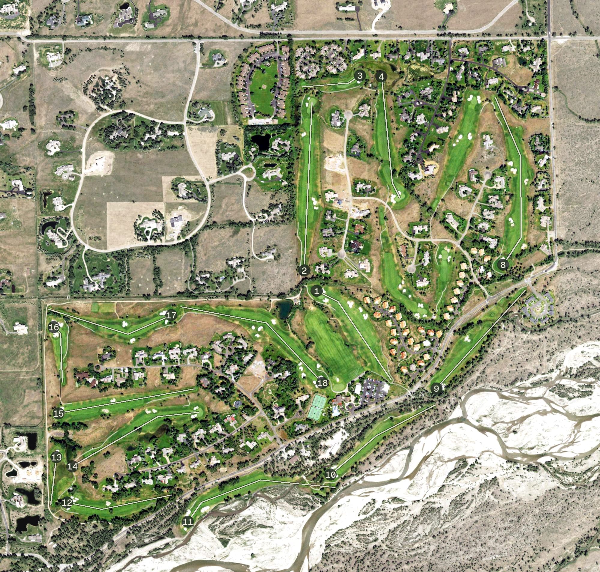 Aerial view of Jackson Hole Golf & Tennis Club, WY, with its hole routing marked