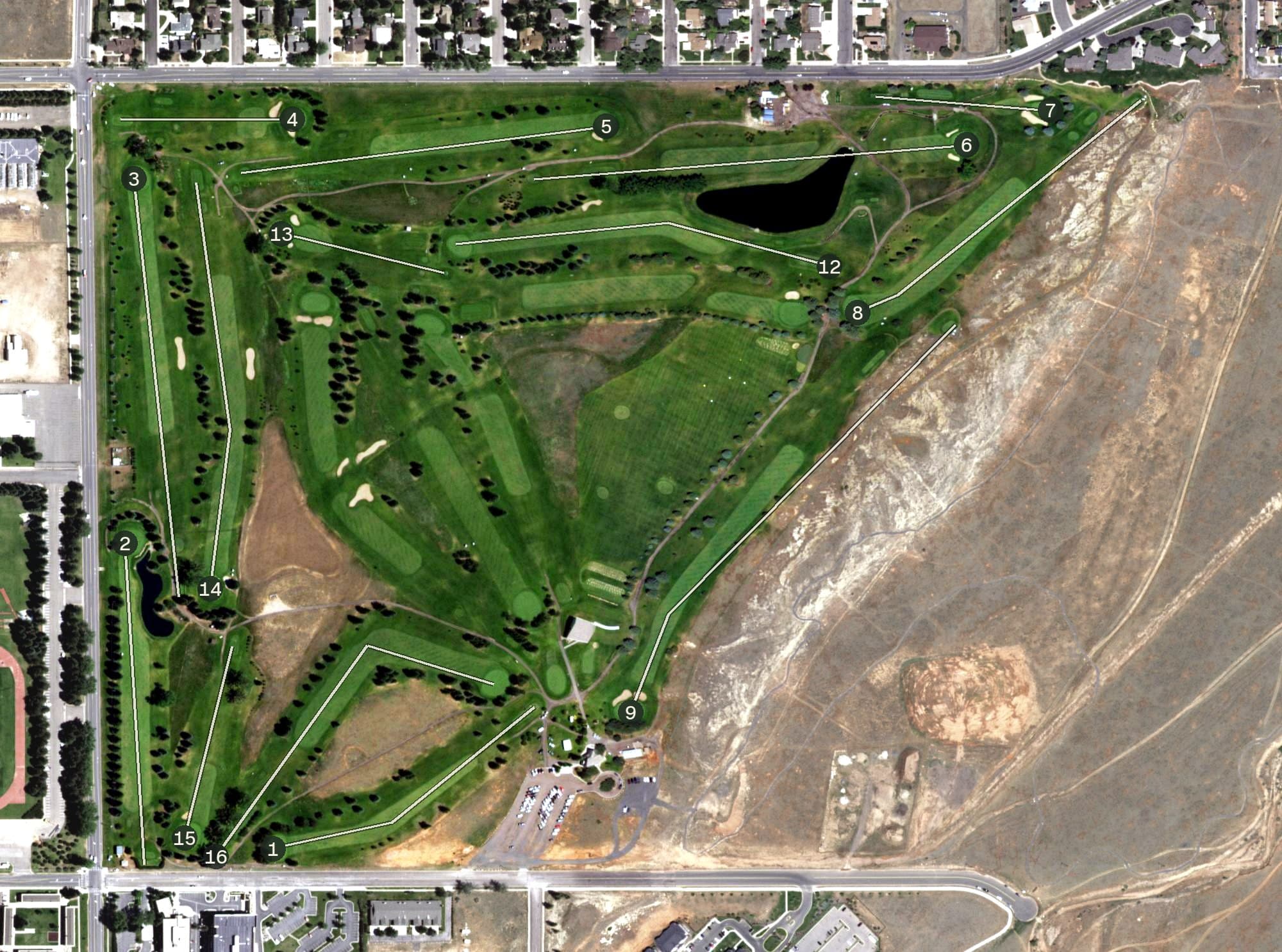 Aerial view of Jacoby Golf Course, WY, with its hole routing marked