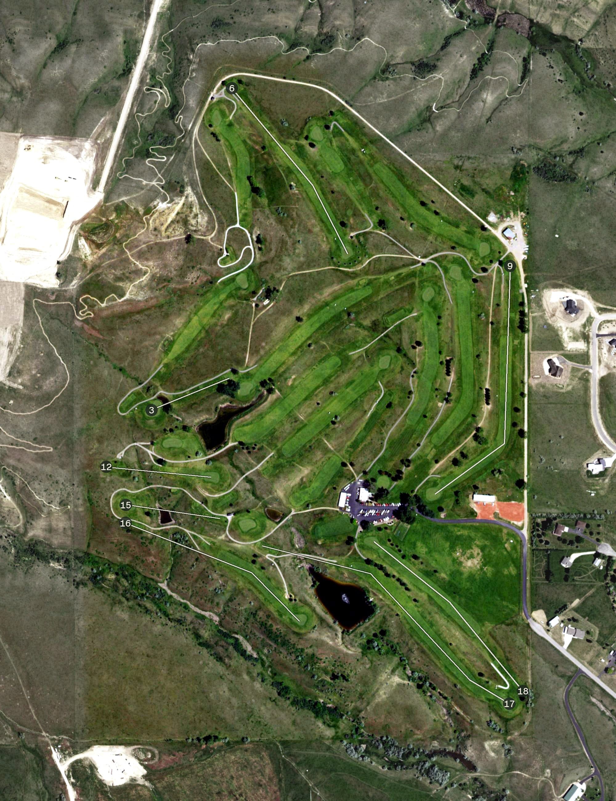 Aerial view of Kendrick Municipal Golf Course, WY, with its hole routing marked