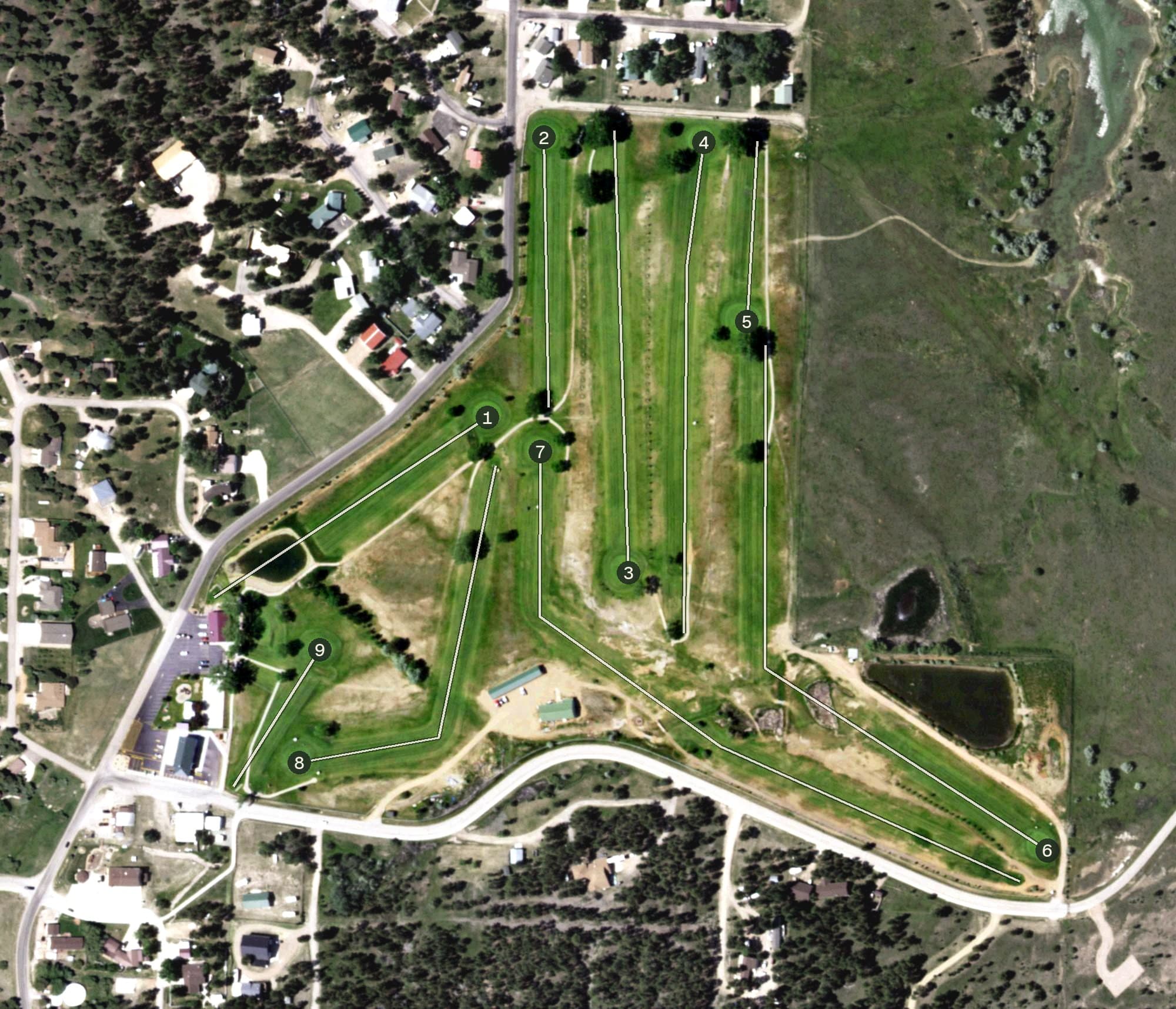 Aerial view of Keyhole Golf and Country Club, WY, with its hole routing marked