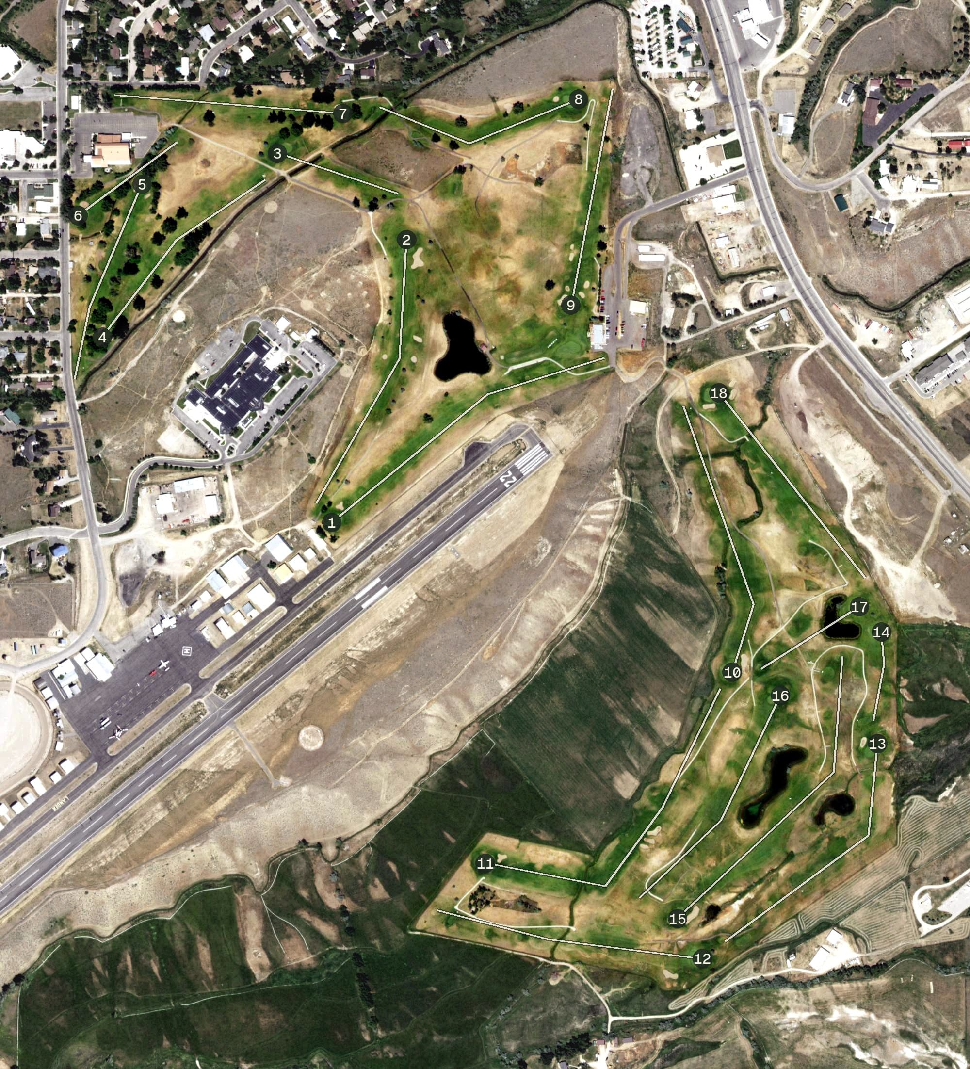 Aerial view of Lander Golf Course, WY, with its hole routing marked