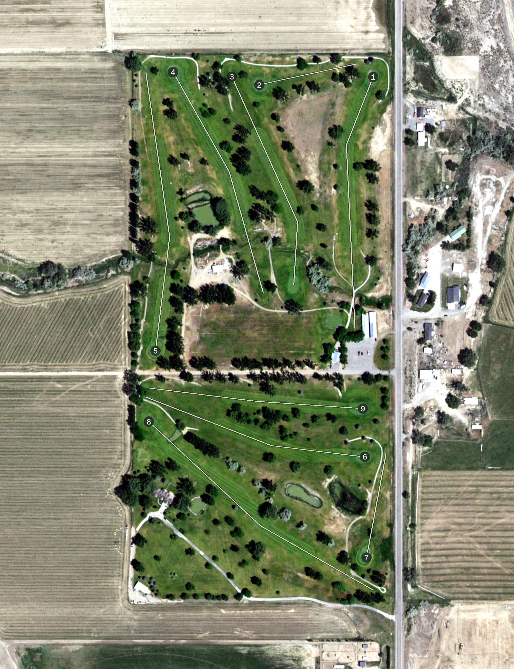 Aerial view of Midway Golf Course, WY, with its hole routing marked