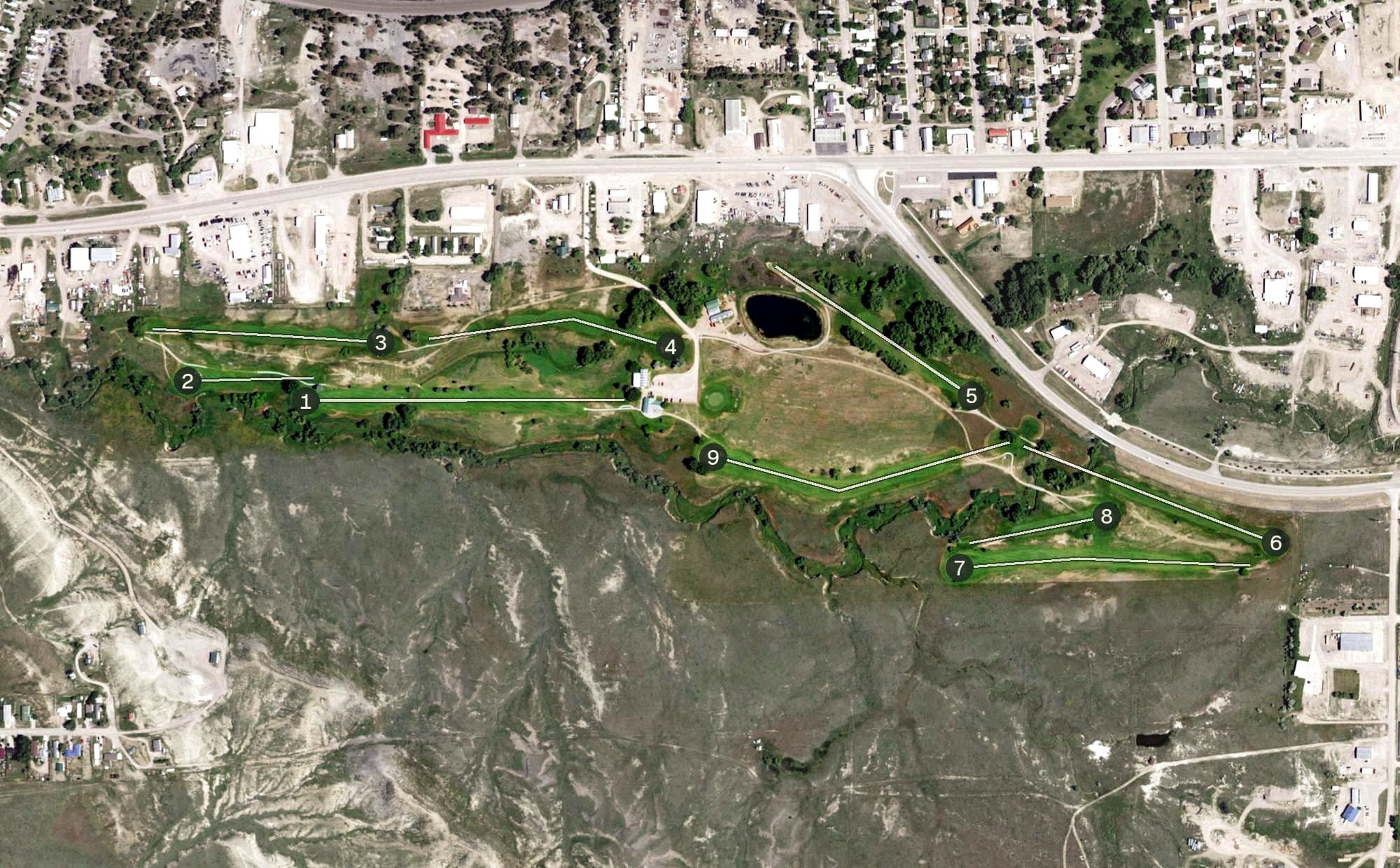 Aerial view of Newcastle Country Club, WY, with its hole routing marked