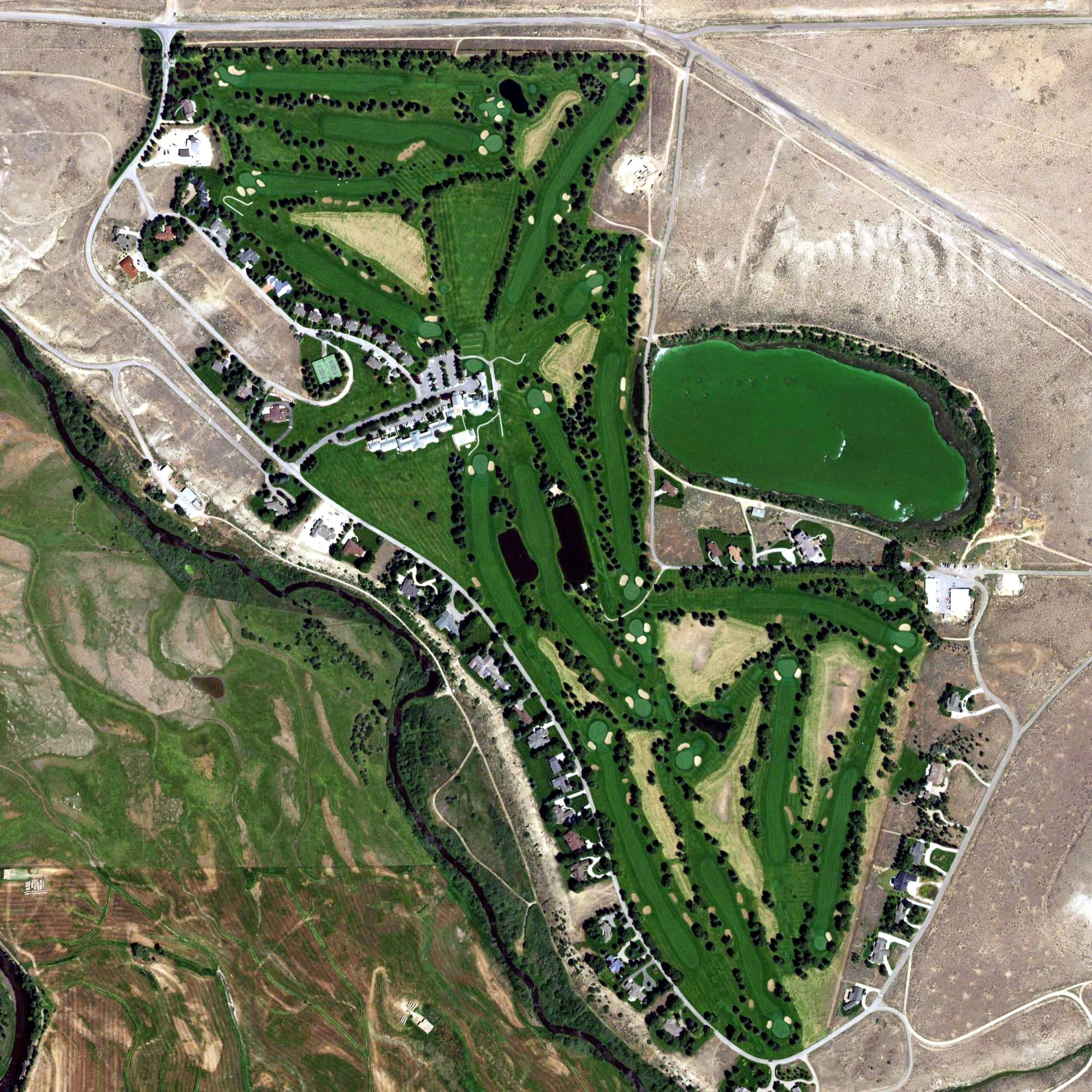 Aerial view of Old Baldy Club Golf, WY, with its hole routing marked