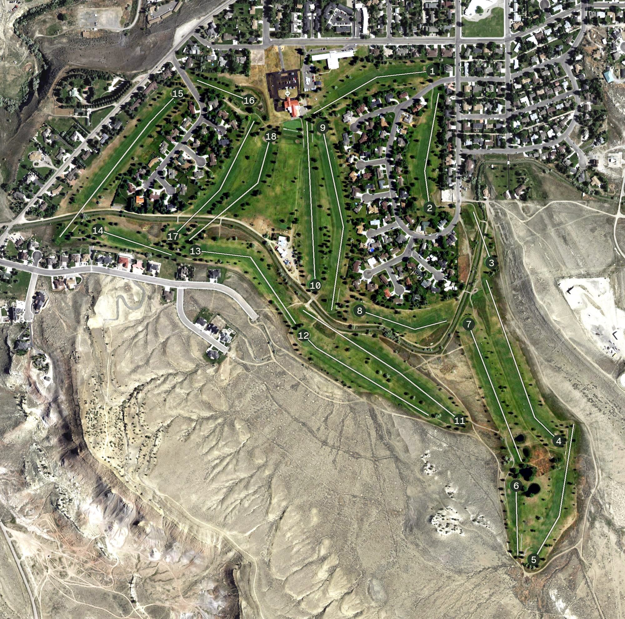 Aerial view of Olive Glenn Golf & Country Club, WY, with its hole routing marked