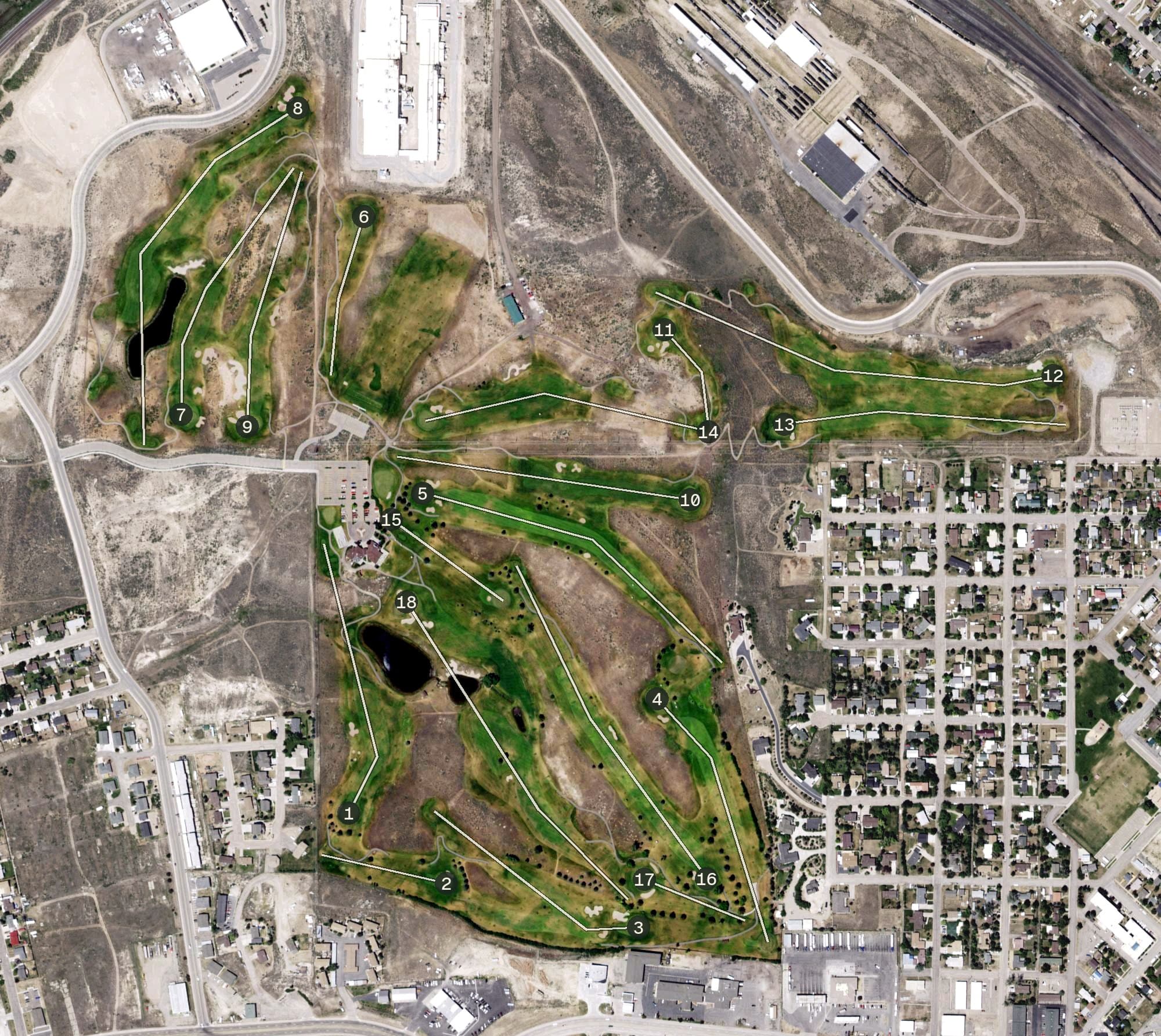 Aerial view of Purple Sage Golf Course, WY, with its hole routing marked