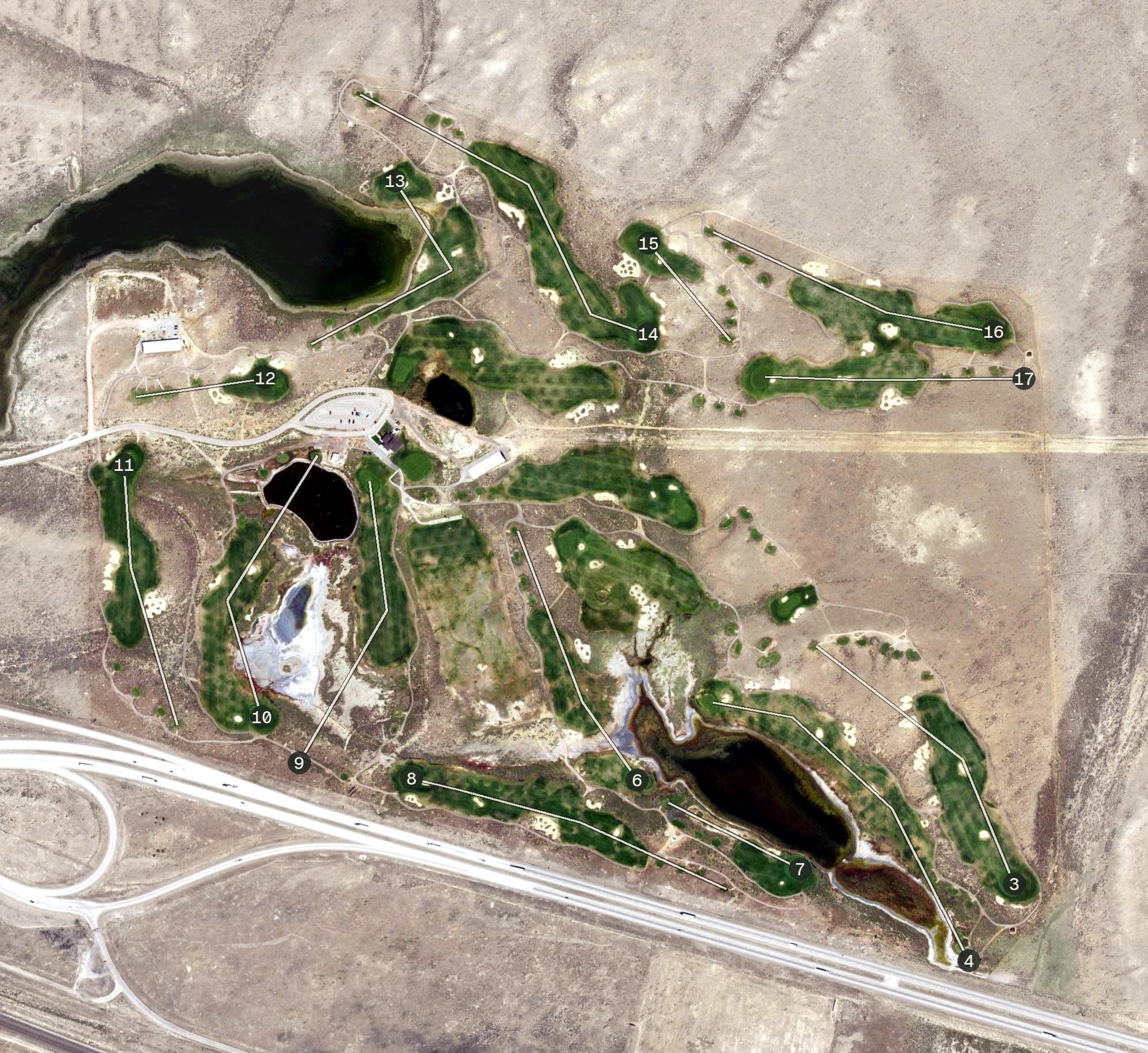 Aerial view of Rochelle Ranch Golf Course, WY, with its hole routing marked