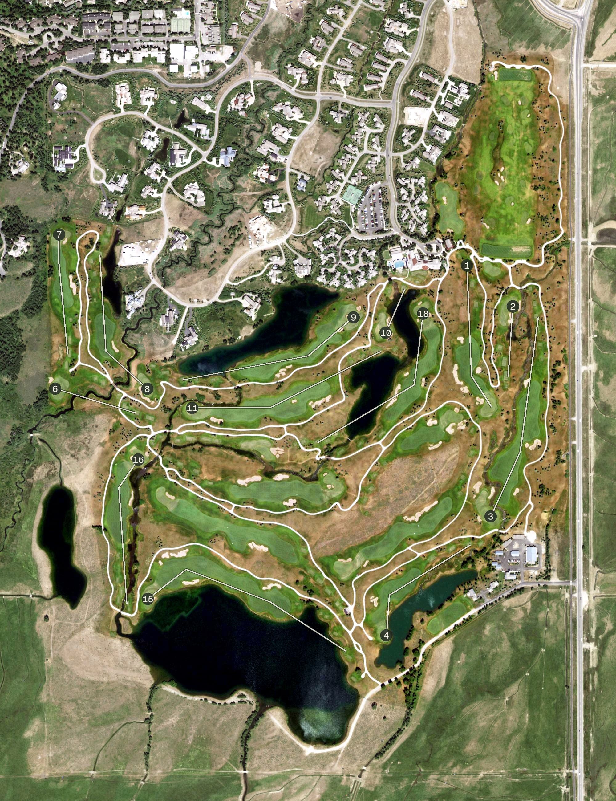 Aerial view of Shooting Star, WY, with its hole routing marked