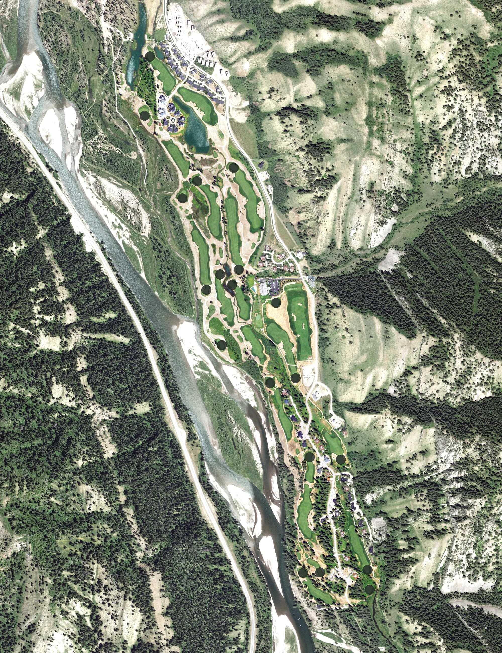 Aerial view of Snake River Sporting Club, WY, with its hole routing marked