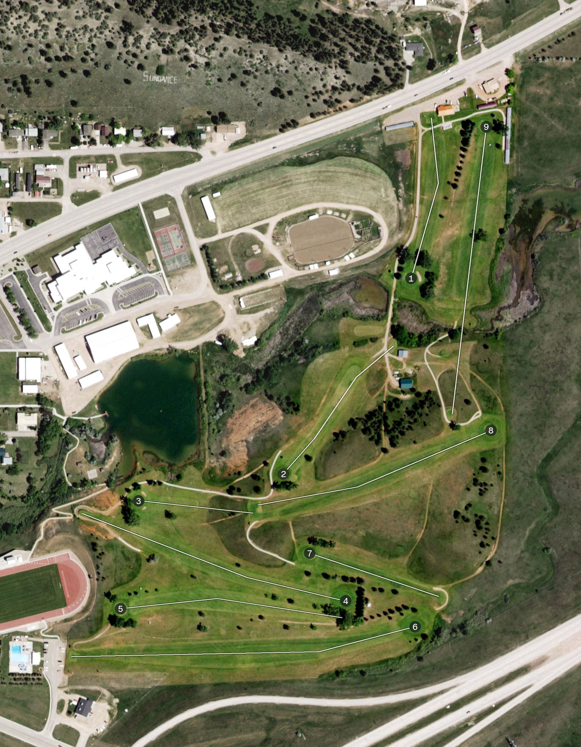 Aerial view of Sundance Country Club, WY, with its hole routing marked