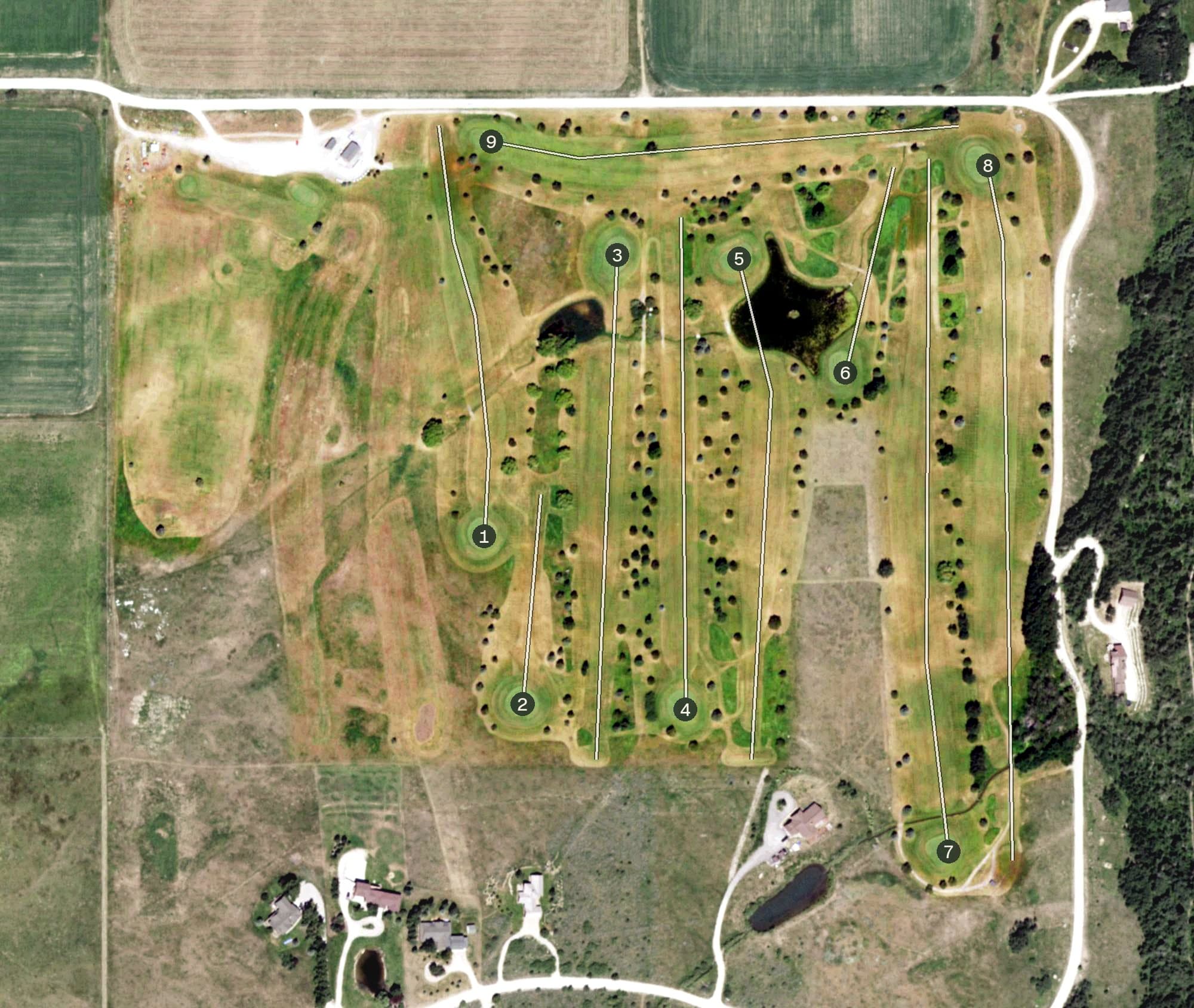 Aerial view of Targhee Village Golf Course, WY, with its hole routing marked