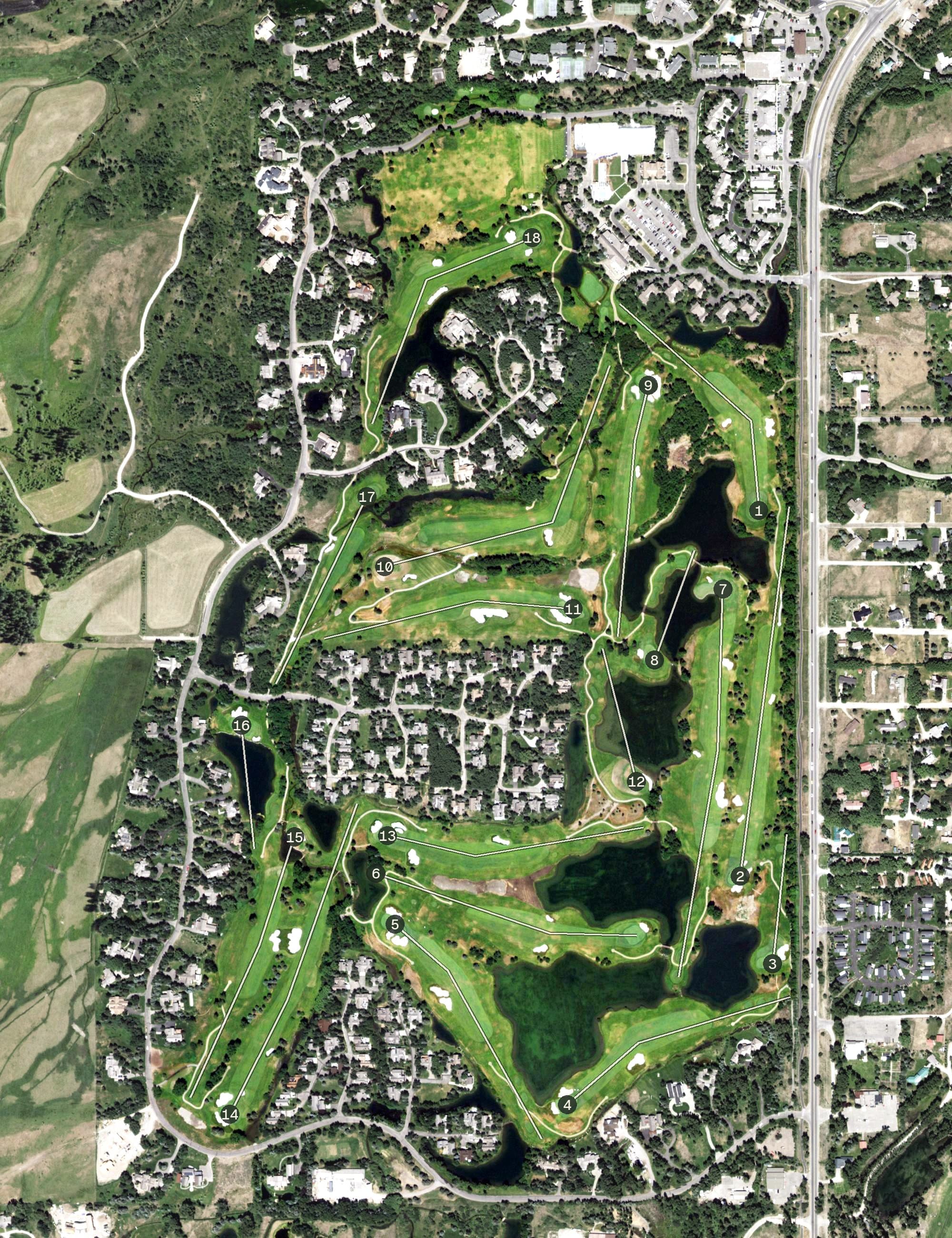 Aerial view of Teton Pines, WY, with its hole routing marked