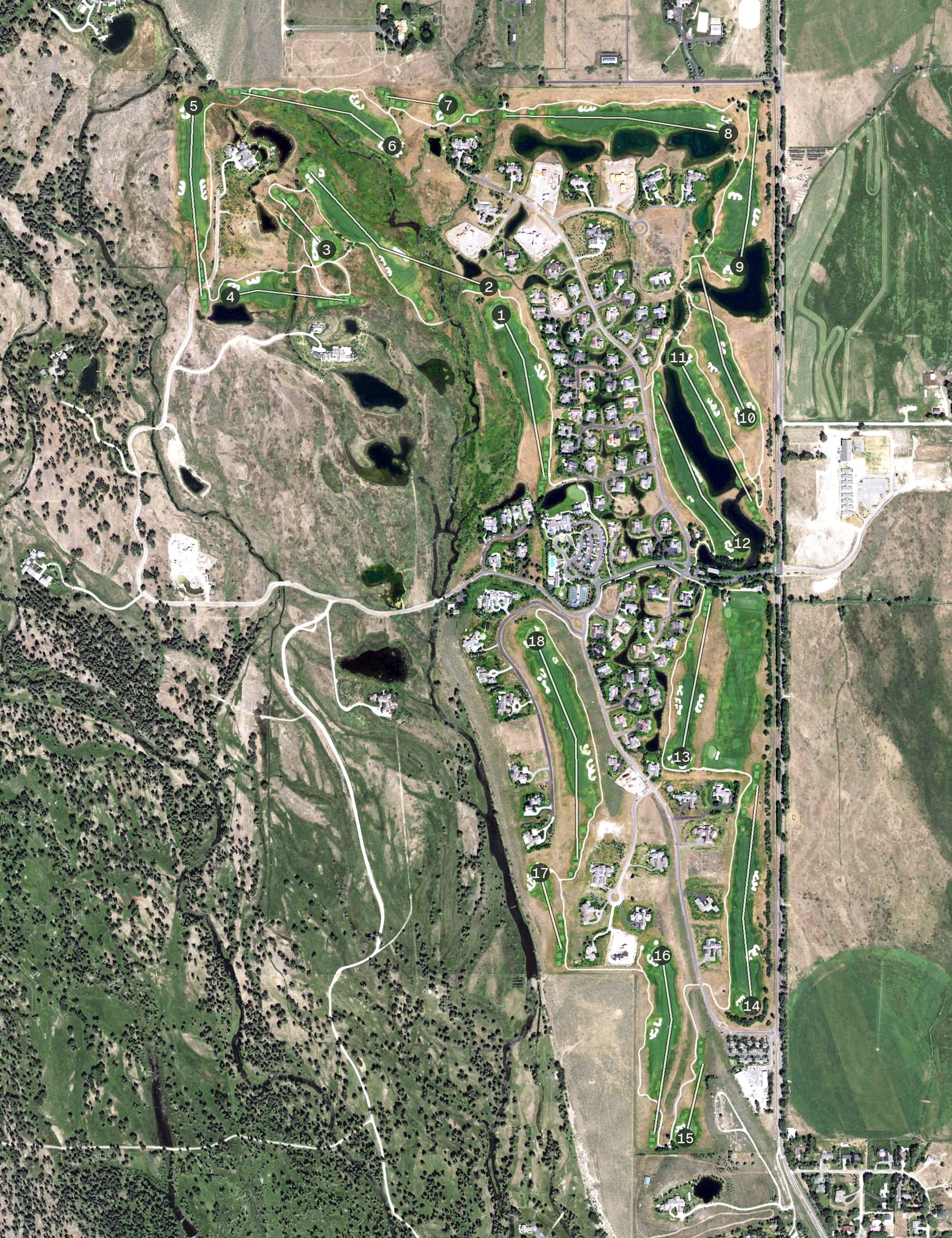 Aerial view of The Club at 3 Creek, WY, with its hole routing marked