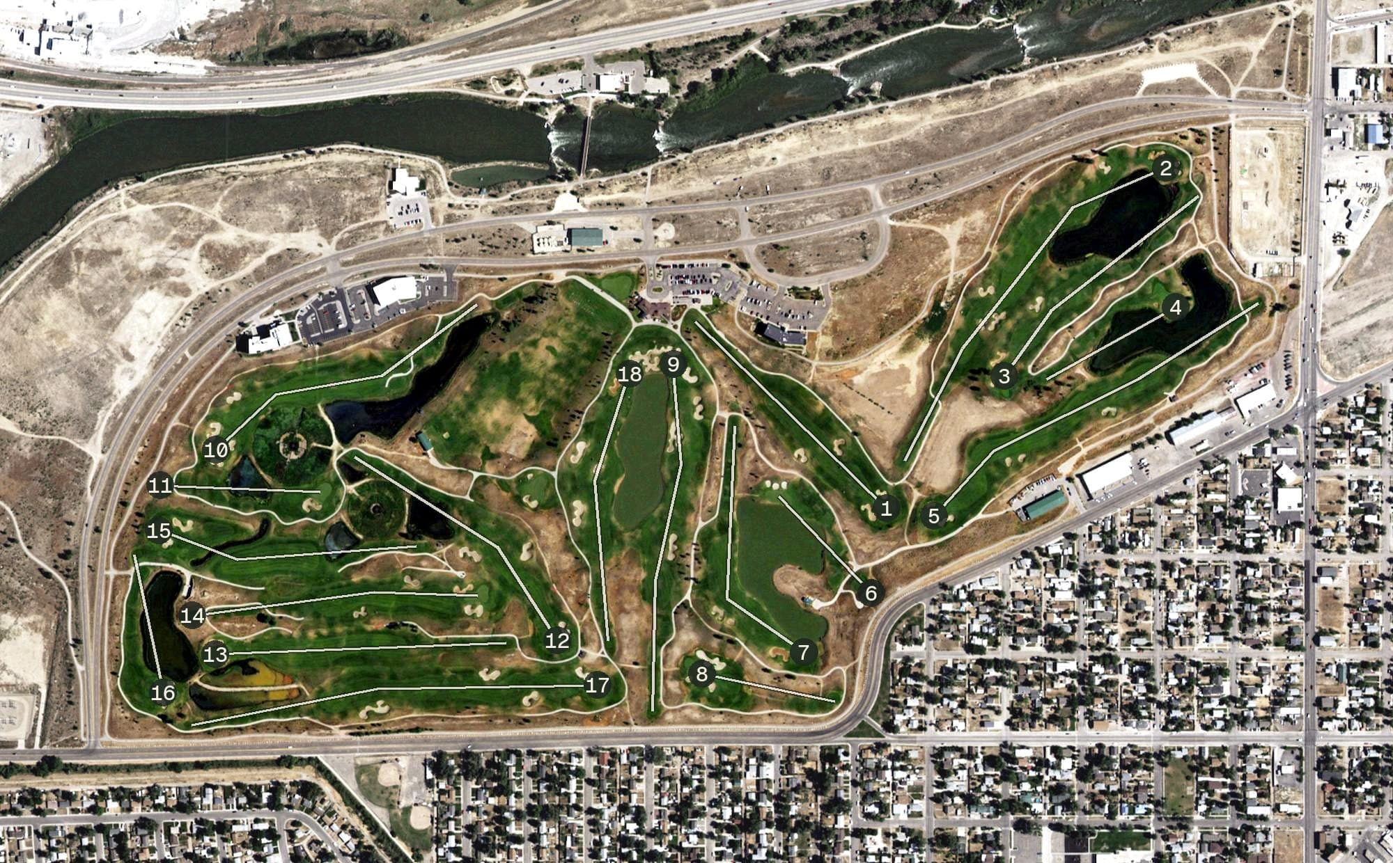 Aerial view of Three Crowns Golf Club, WY, with its hole routing marked