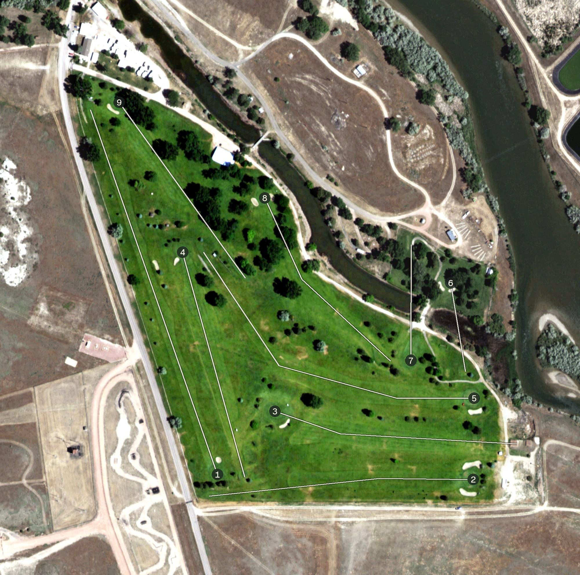 Aerial view of Trail Ruts Golf Course, WY, with its hole routing marked