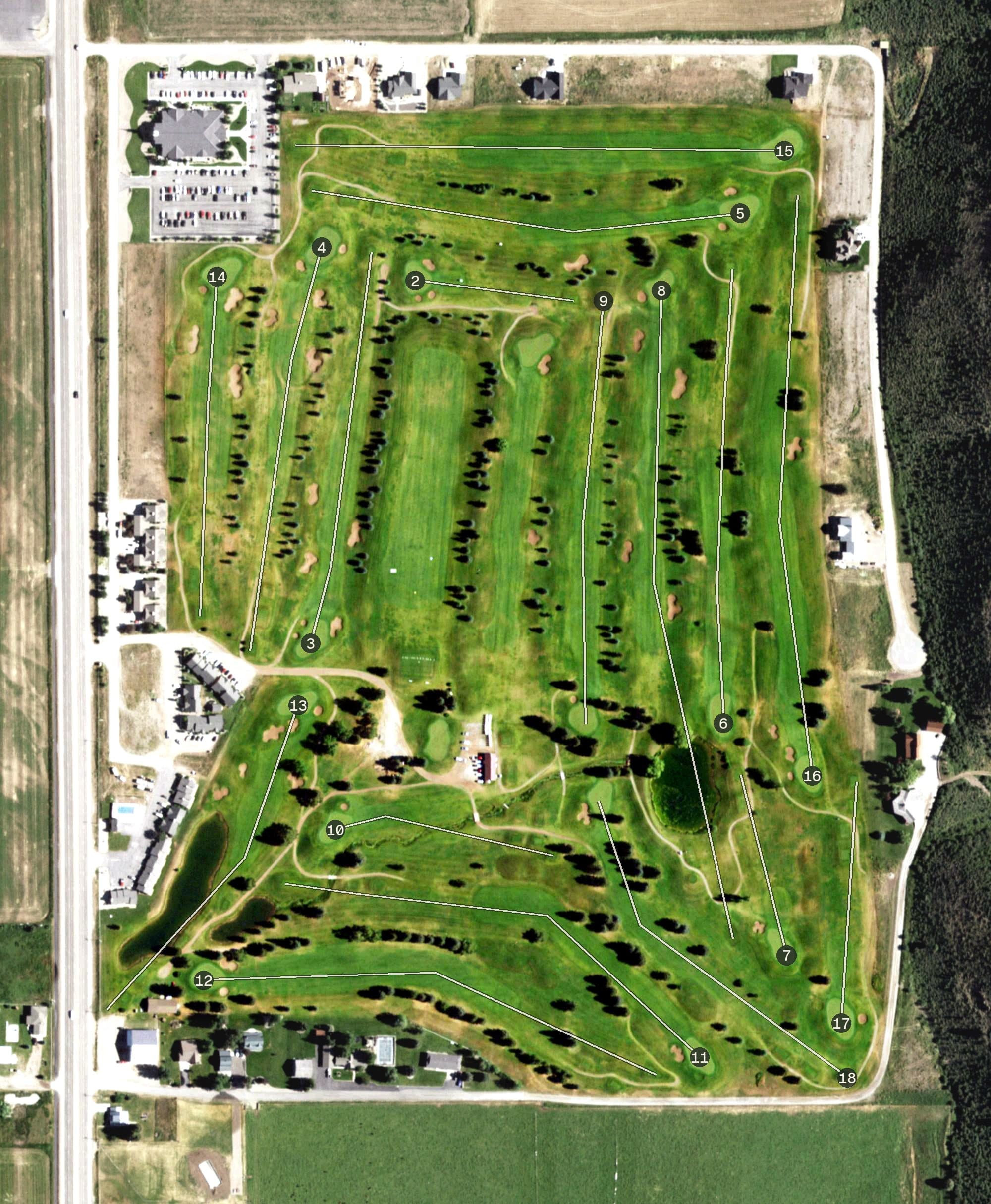 Aerial view of Valli Vu Golf Course, WY, with its hole routing marked