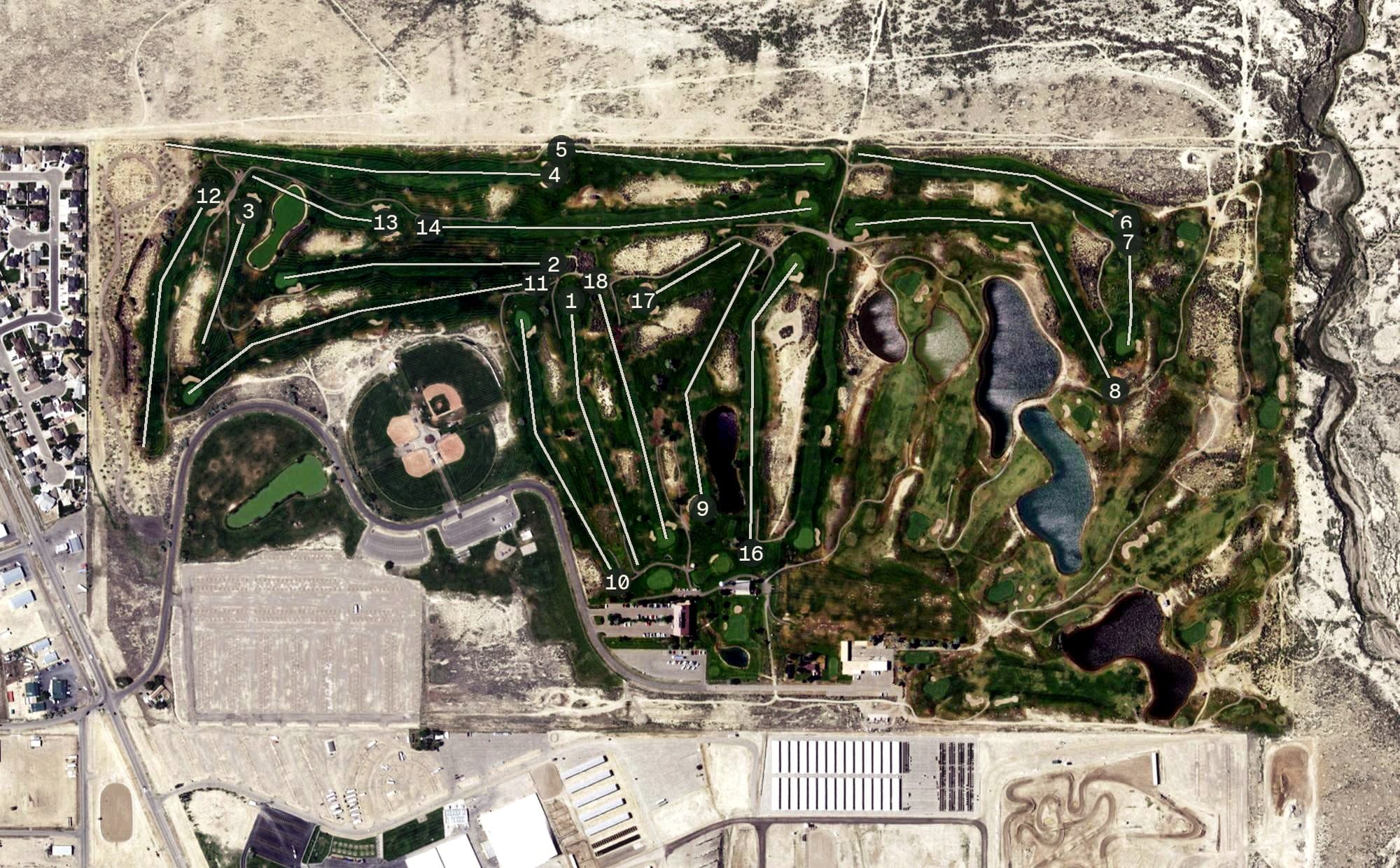 Aerial view of White Mountain Golf Course, WY, with its hole routing marked